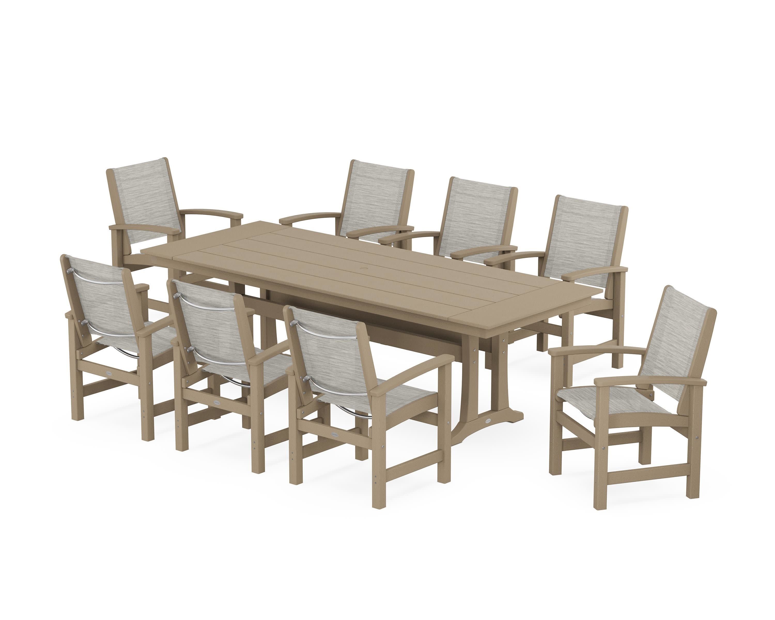 Coastal 9-Piece Farmhouse Dining Set with Trestle Legs in Vintage Sahara / Birch Sling