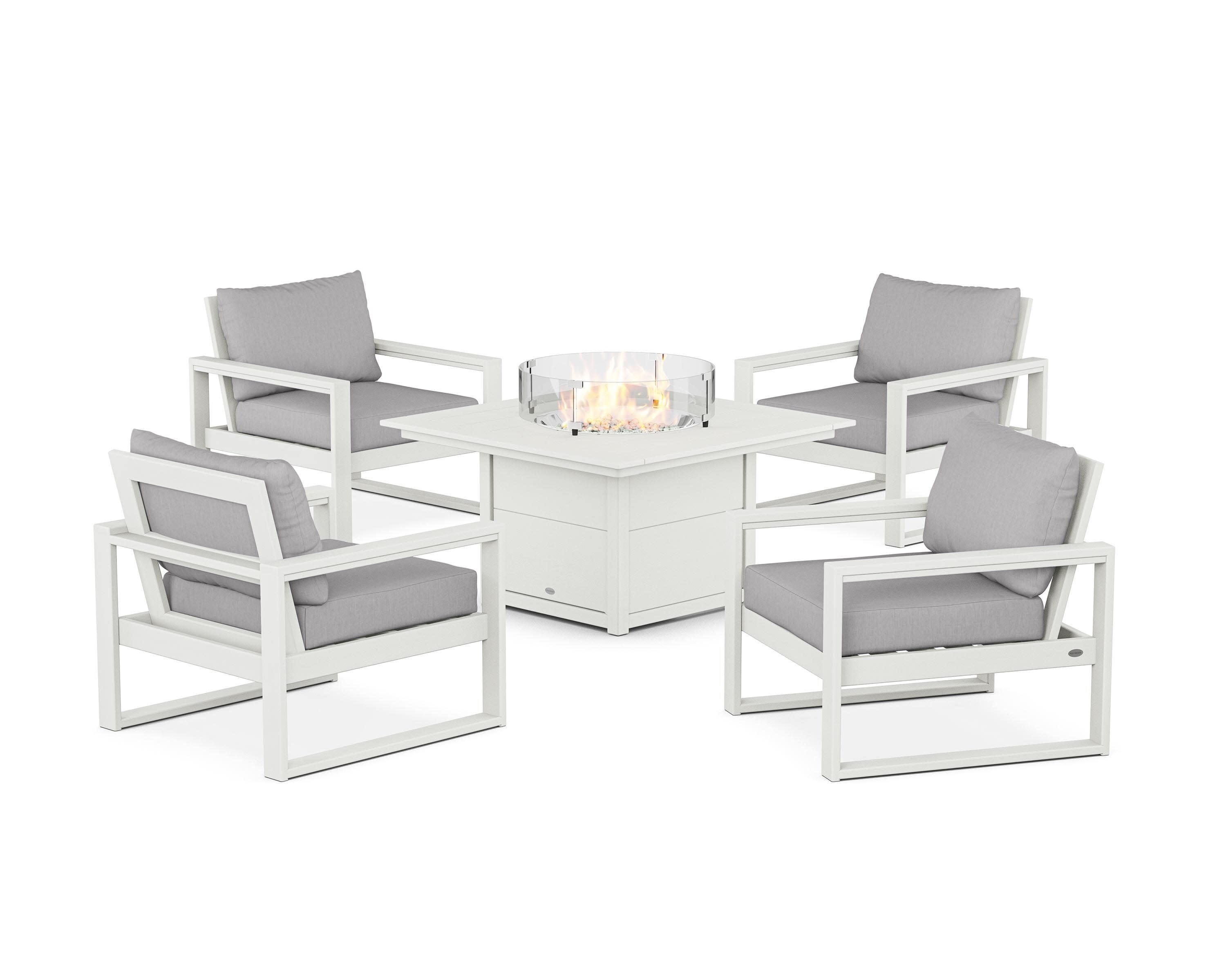 EDGE Sectional 5-Piece Deep Seating Set with Fire Pit Table in Vintage White / Granite