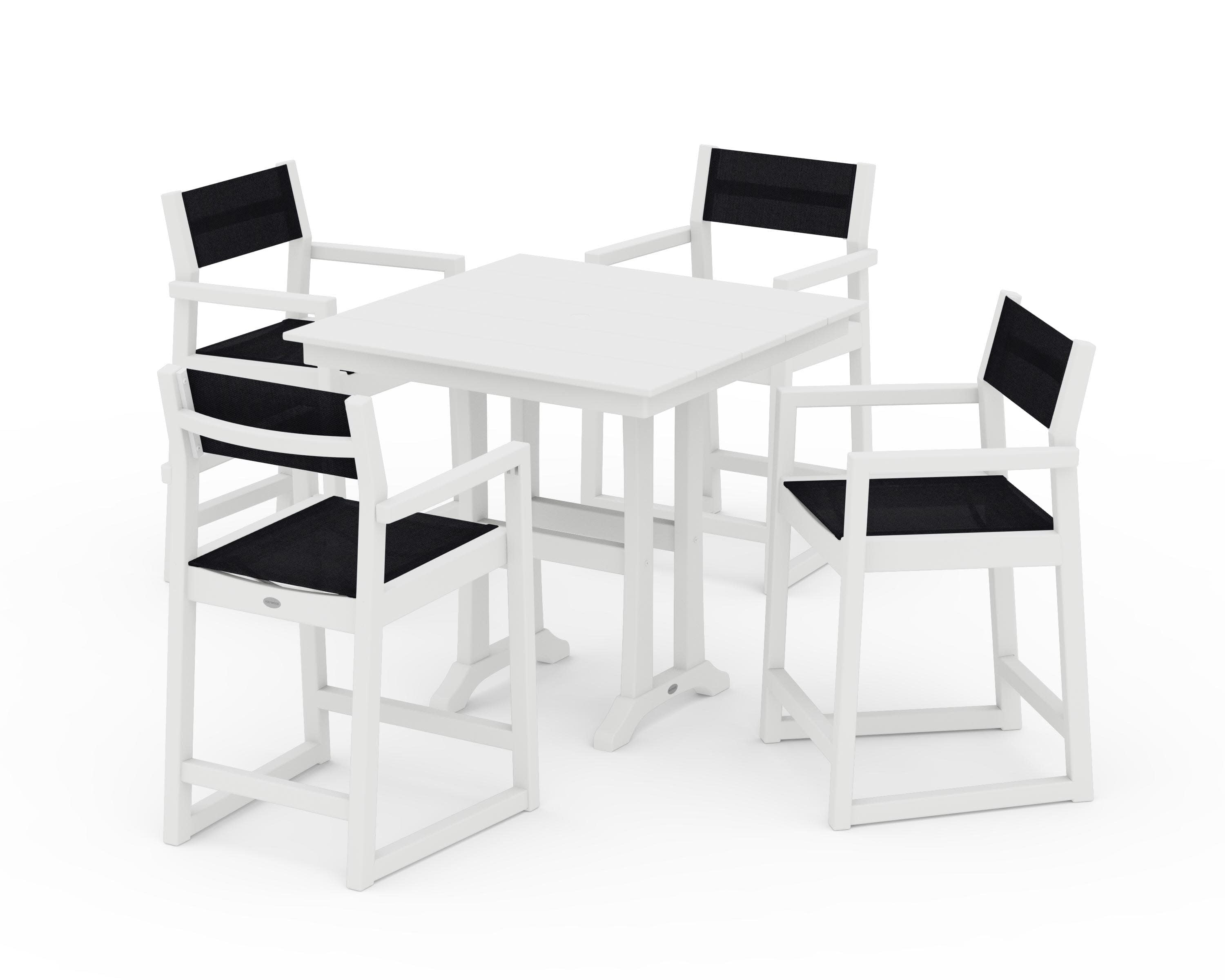 EDGE Sling Arm Chair 5-Piece Farmhouse Counter Set with Trestle Legs in White / Black Sling