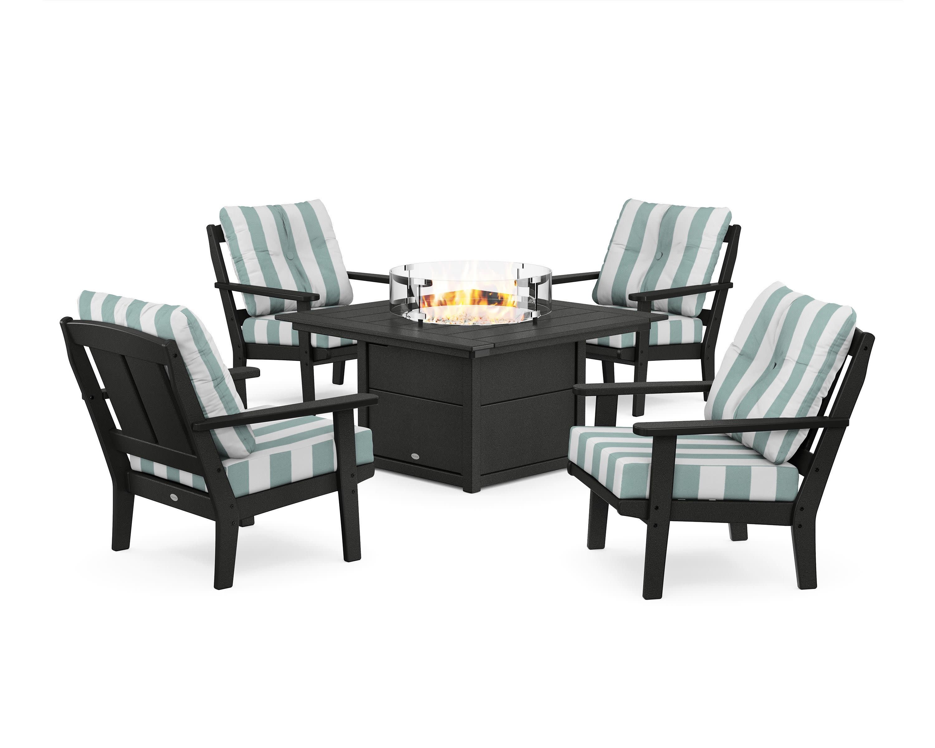 Mission 5-Piece Deep Seating Set with Fire Pit Table in Black / Cabana Stripe Glacier Spa