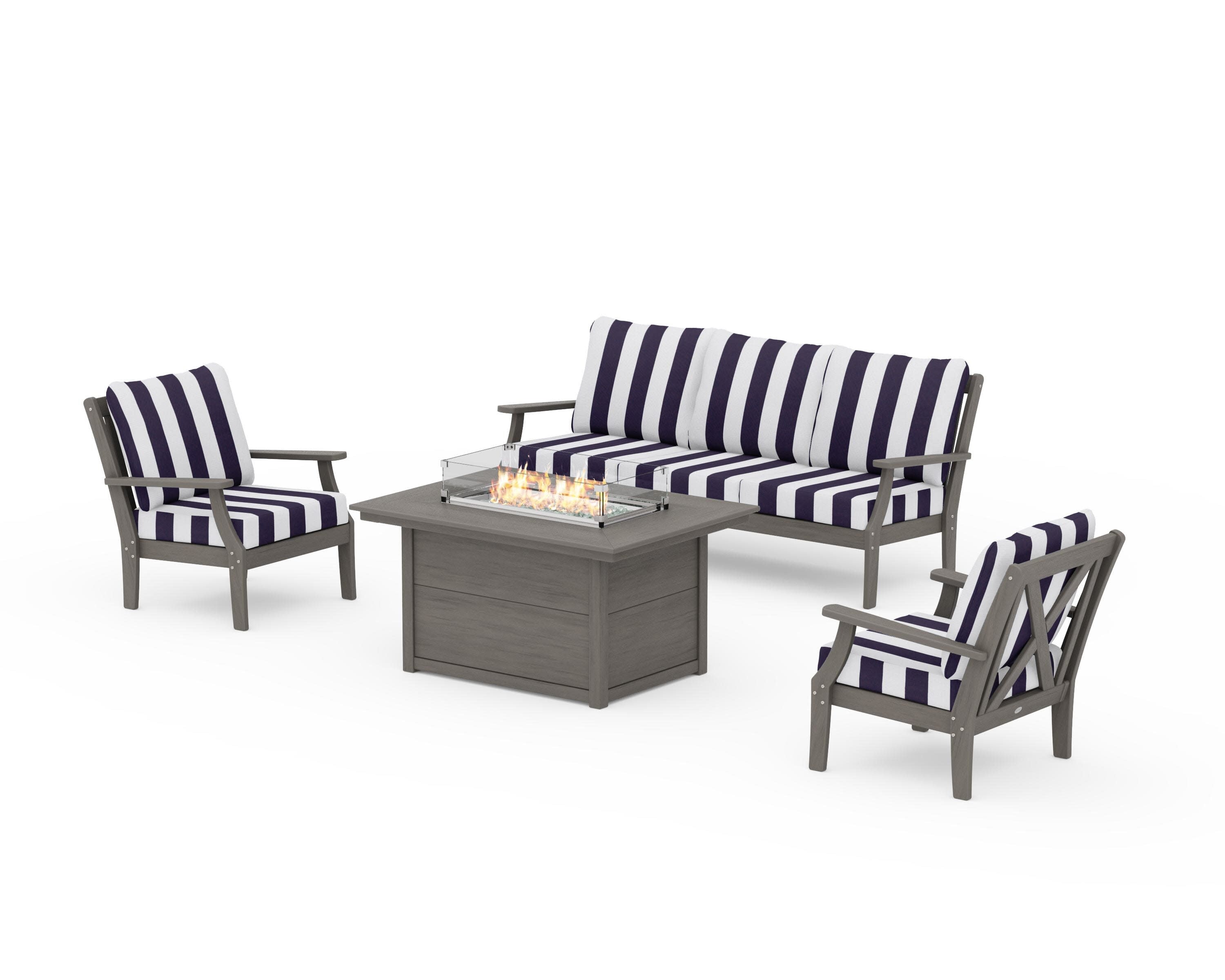 Braxton Deep Seating Fire Pit Table Set in Driftwood / Cabana Stripe Navy