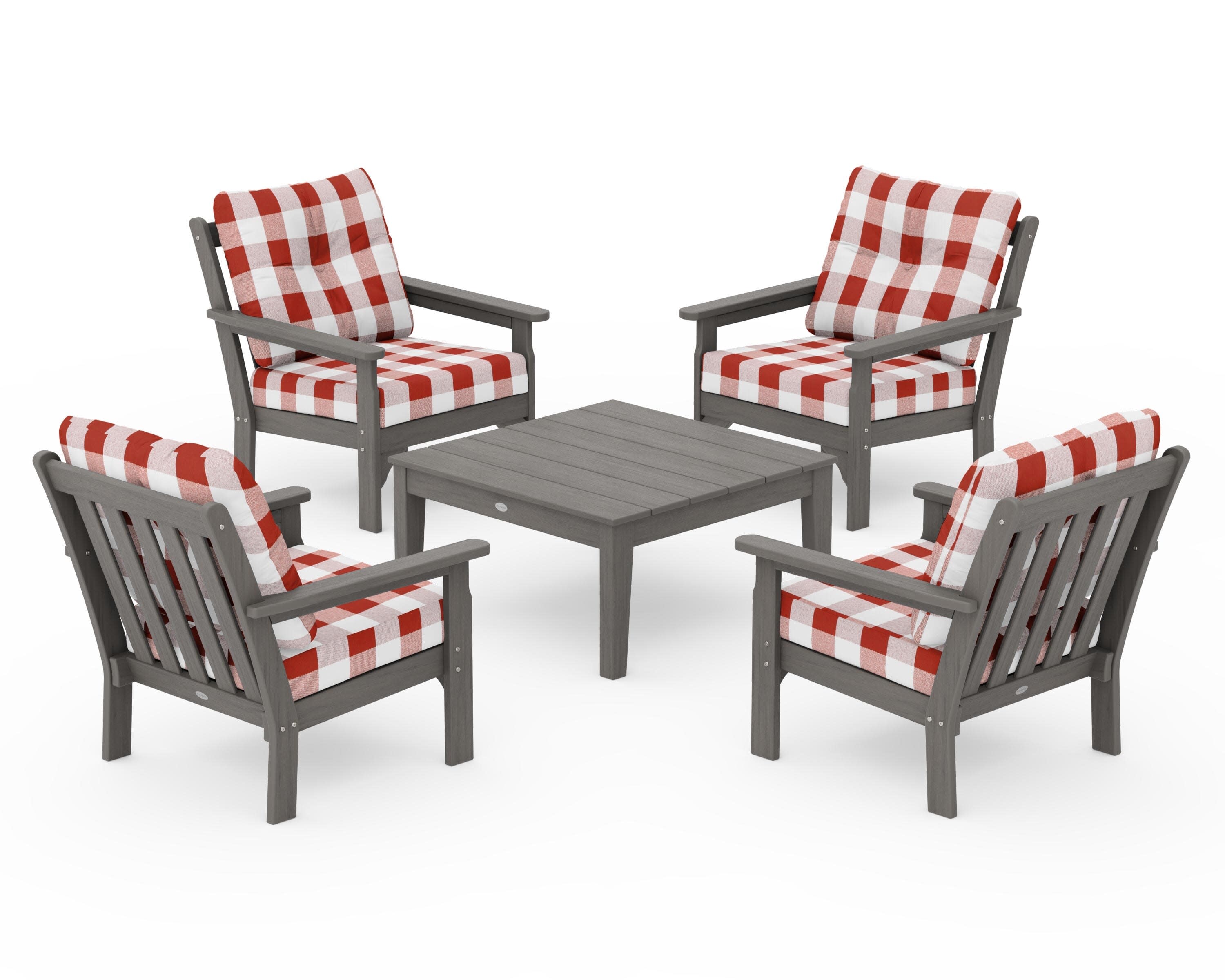 Vineyard 5-Piece Deep Seating Conversation Set in Driftwood / Buffalo Plaid Crimson