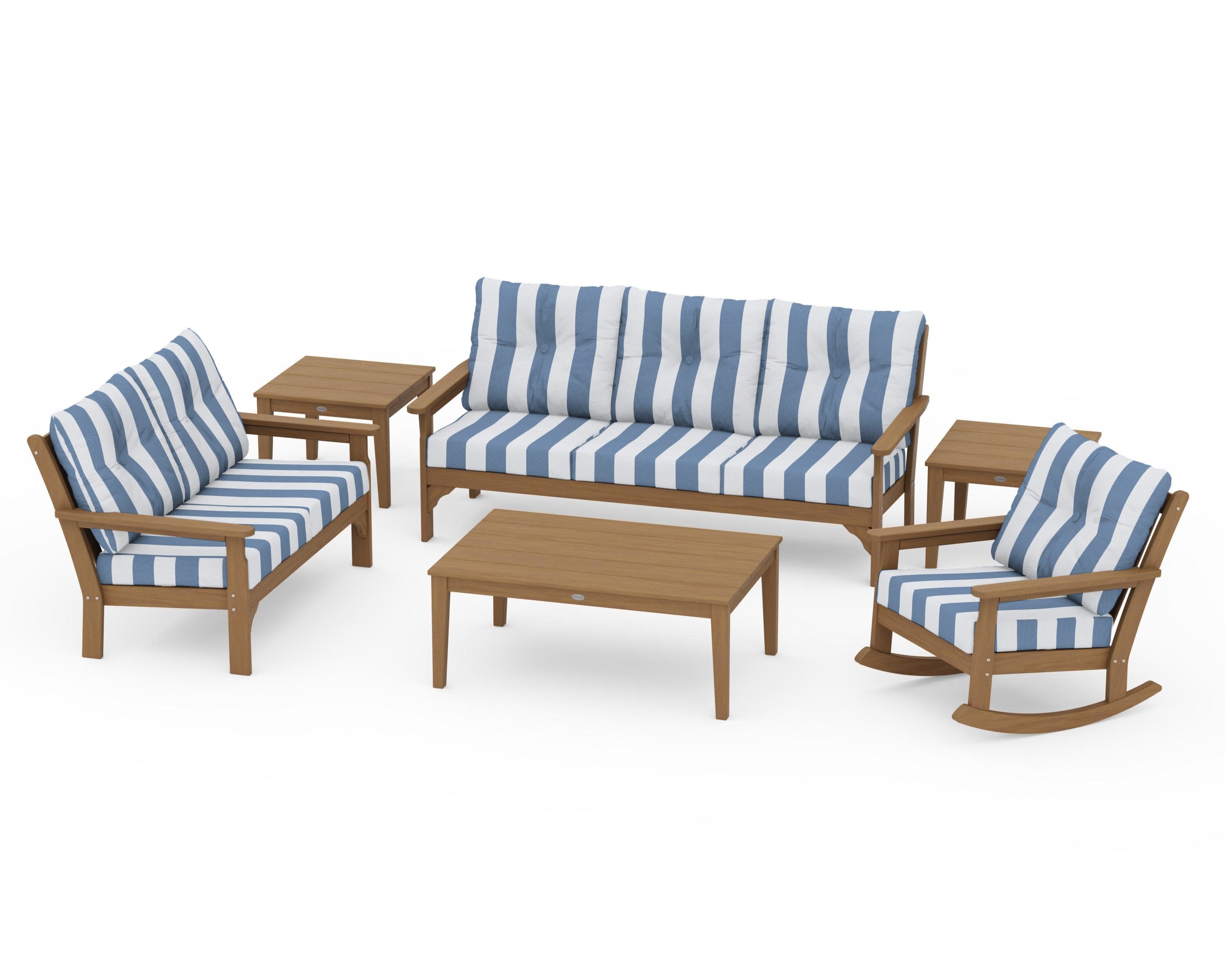 Vineyard 6-Piece Deep Seating Set in Natural / Cabana Stripe Sky Blue
