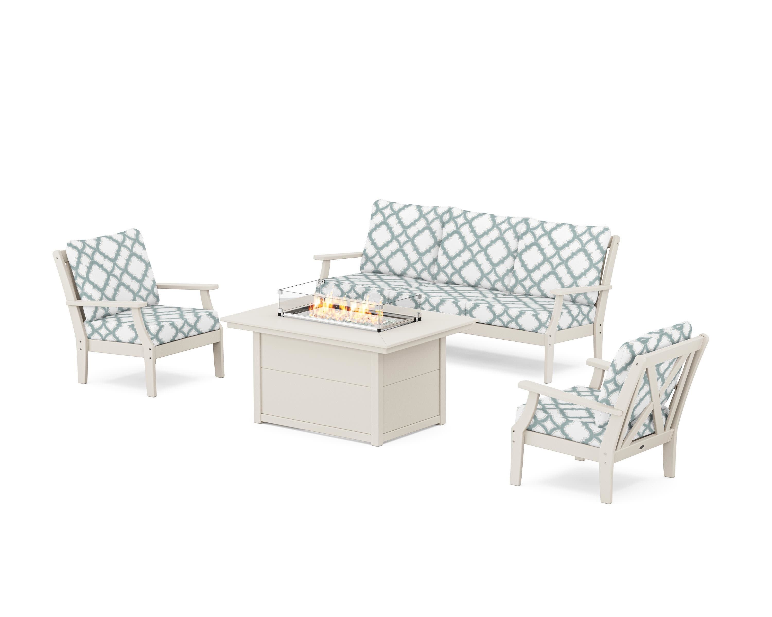 Braxton Deep Seating Fire Pit Table Set in Sand / Trellis Glacier Spa