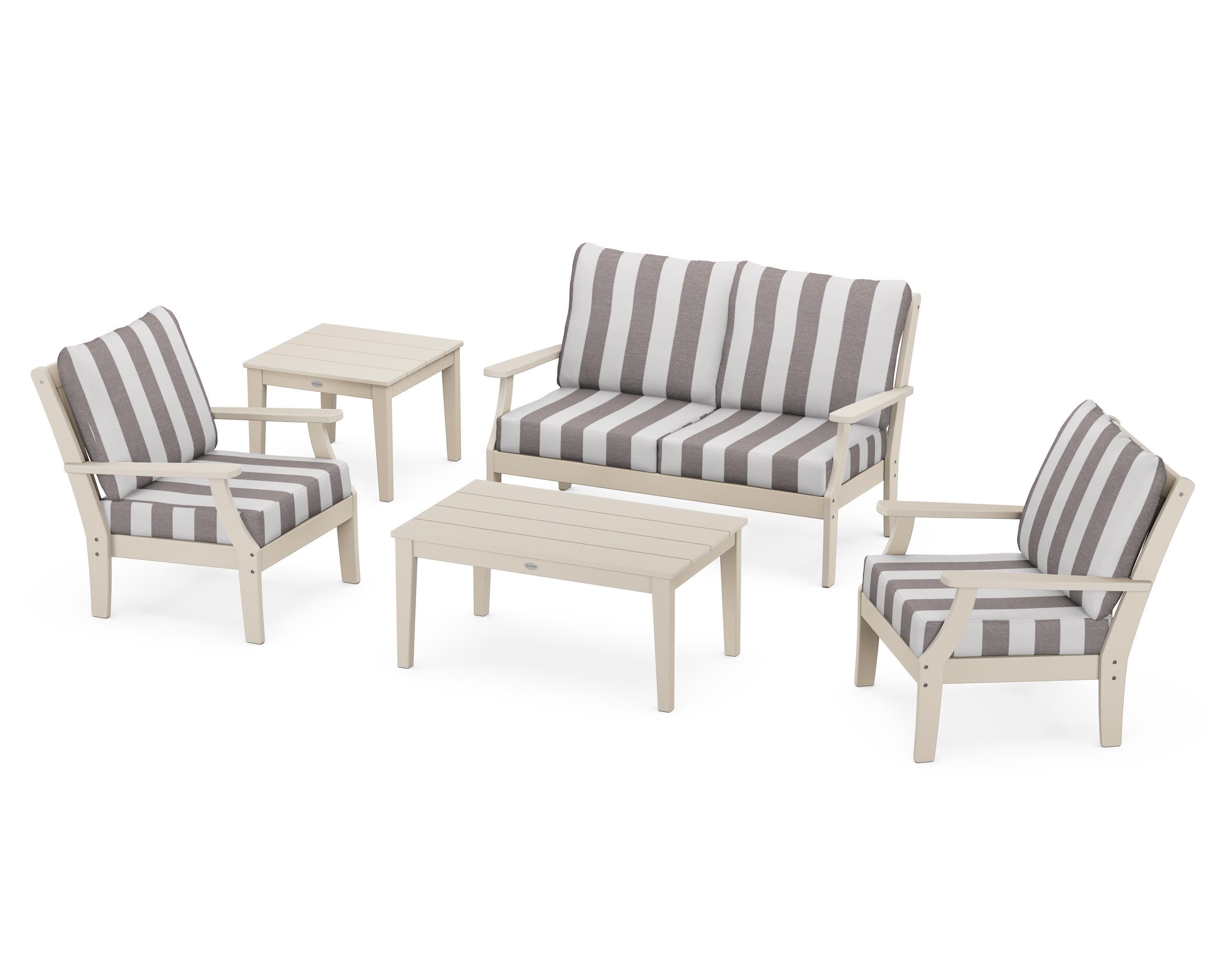 Braxton 5-Piece Deep Seating Set in Sand / Cabana Stripe Grey Mist