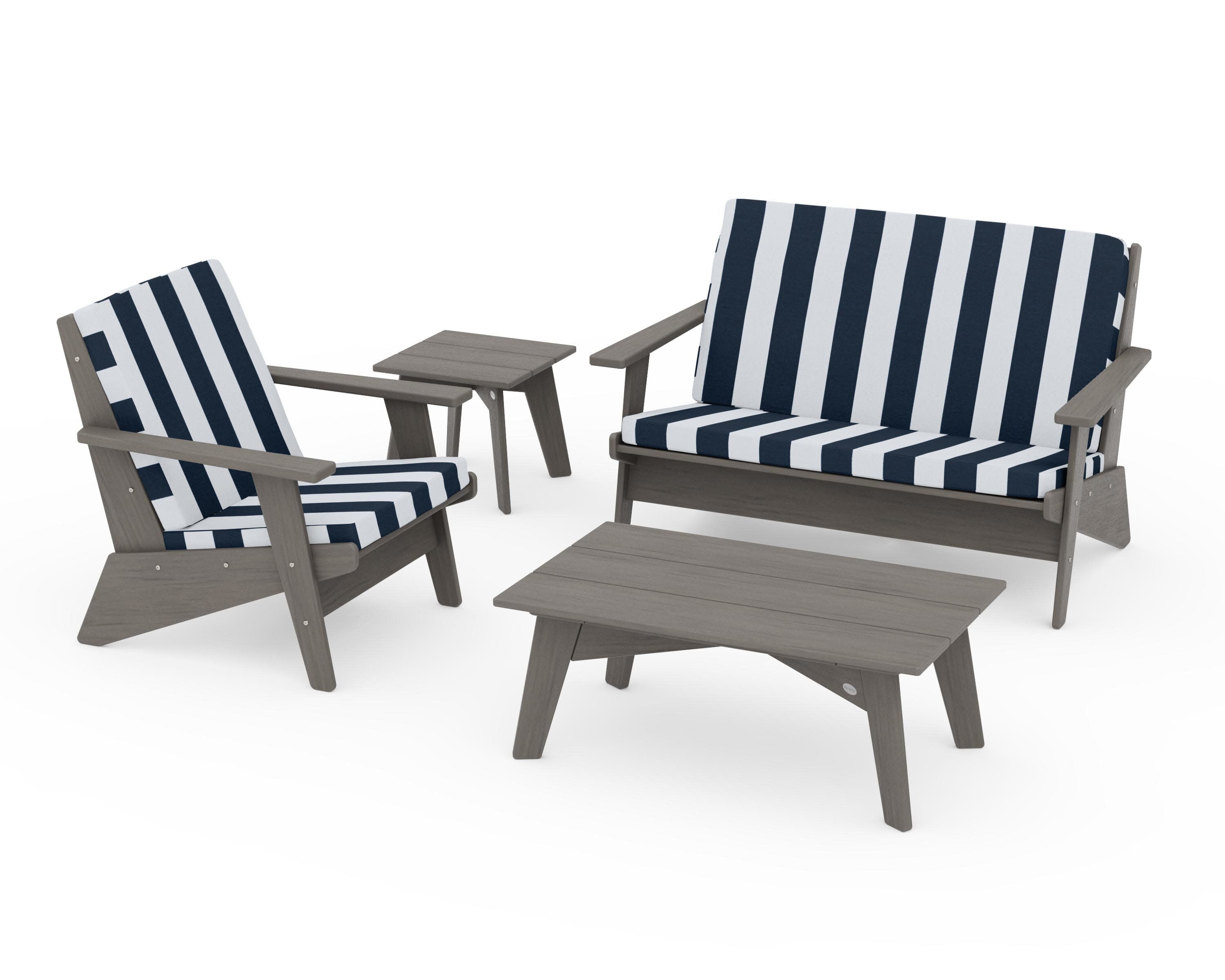 Riviera Modern Lounge 4-Piece Set in Driftwood / Cabana Stripe Marine Indigo