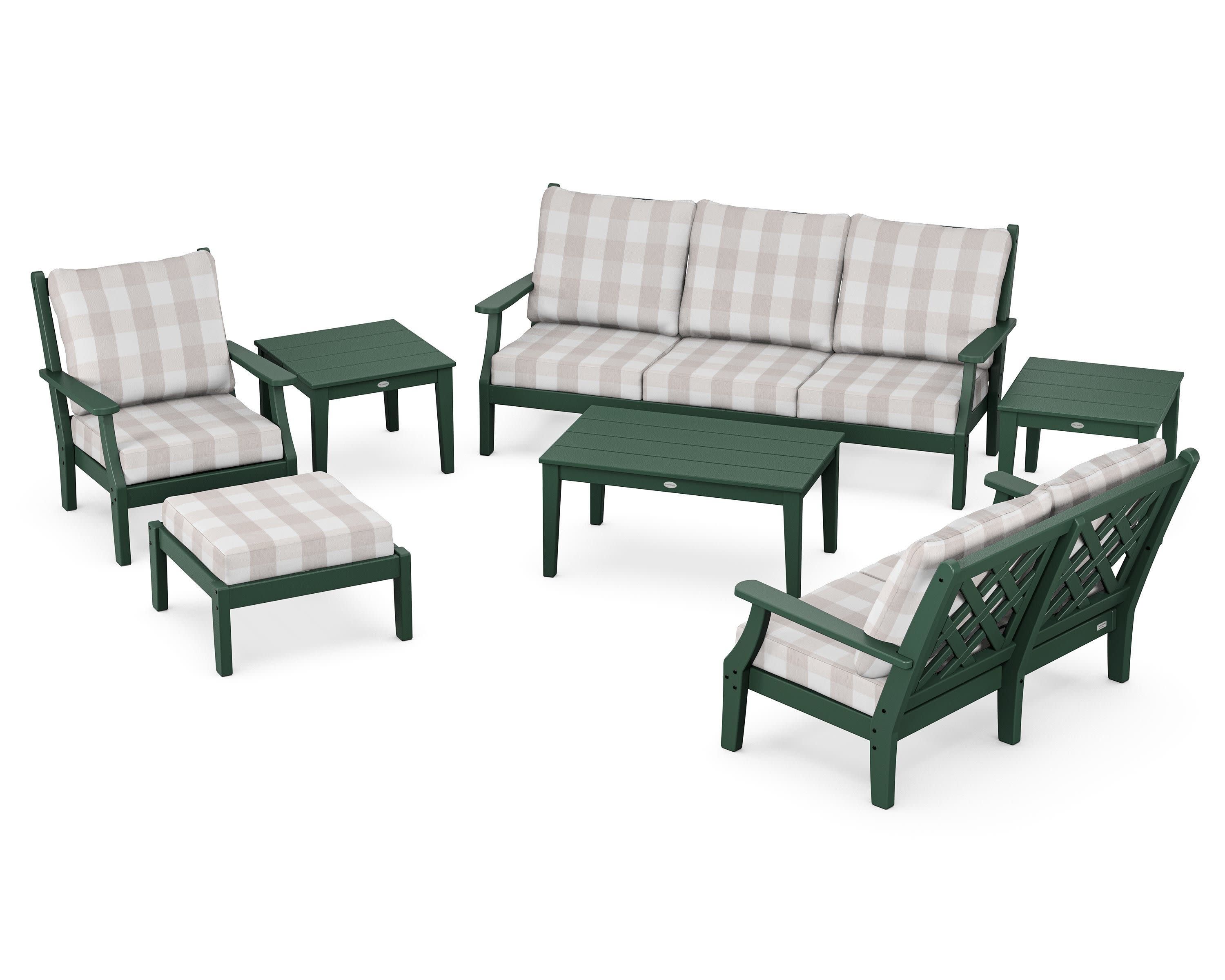 Wovendale 7-Piece Deep Seating Set in Green / Buffalo Plaid Dune Burlap