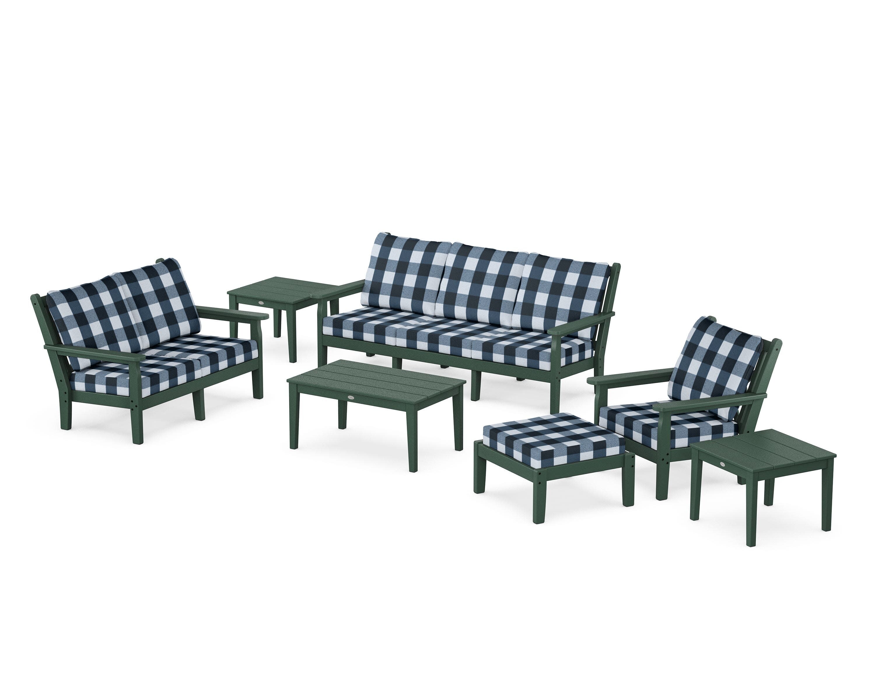 Chippendale 7-Piece Deep Seating Set in Green / Buffalo Plaid Marine Indigo