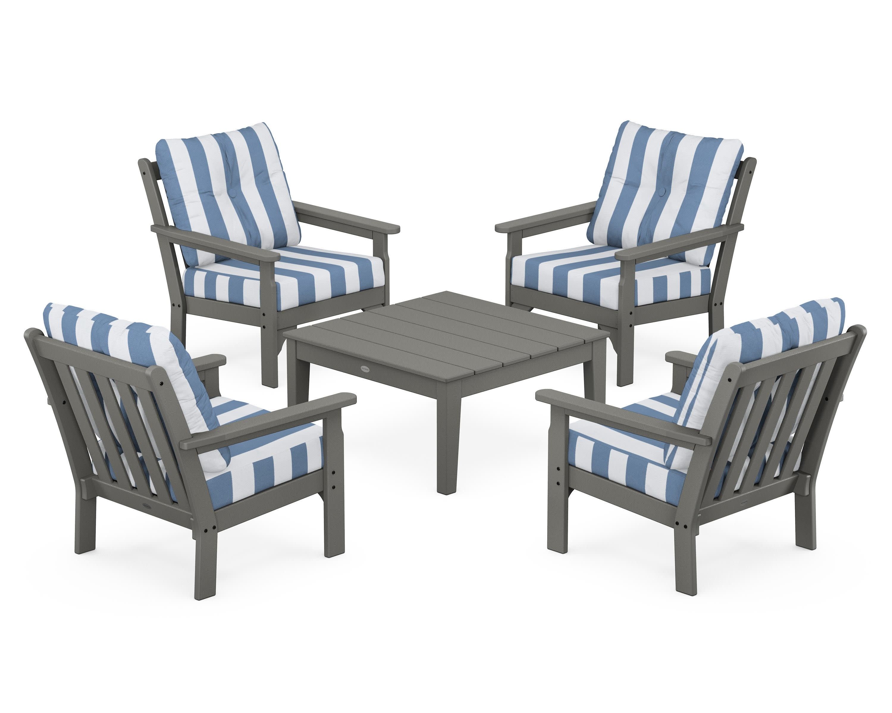 Vineyard 5-Piece Deep Seating Conversation Set in Slate Grey / Cabana Stripe Sky Blue