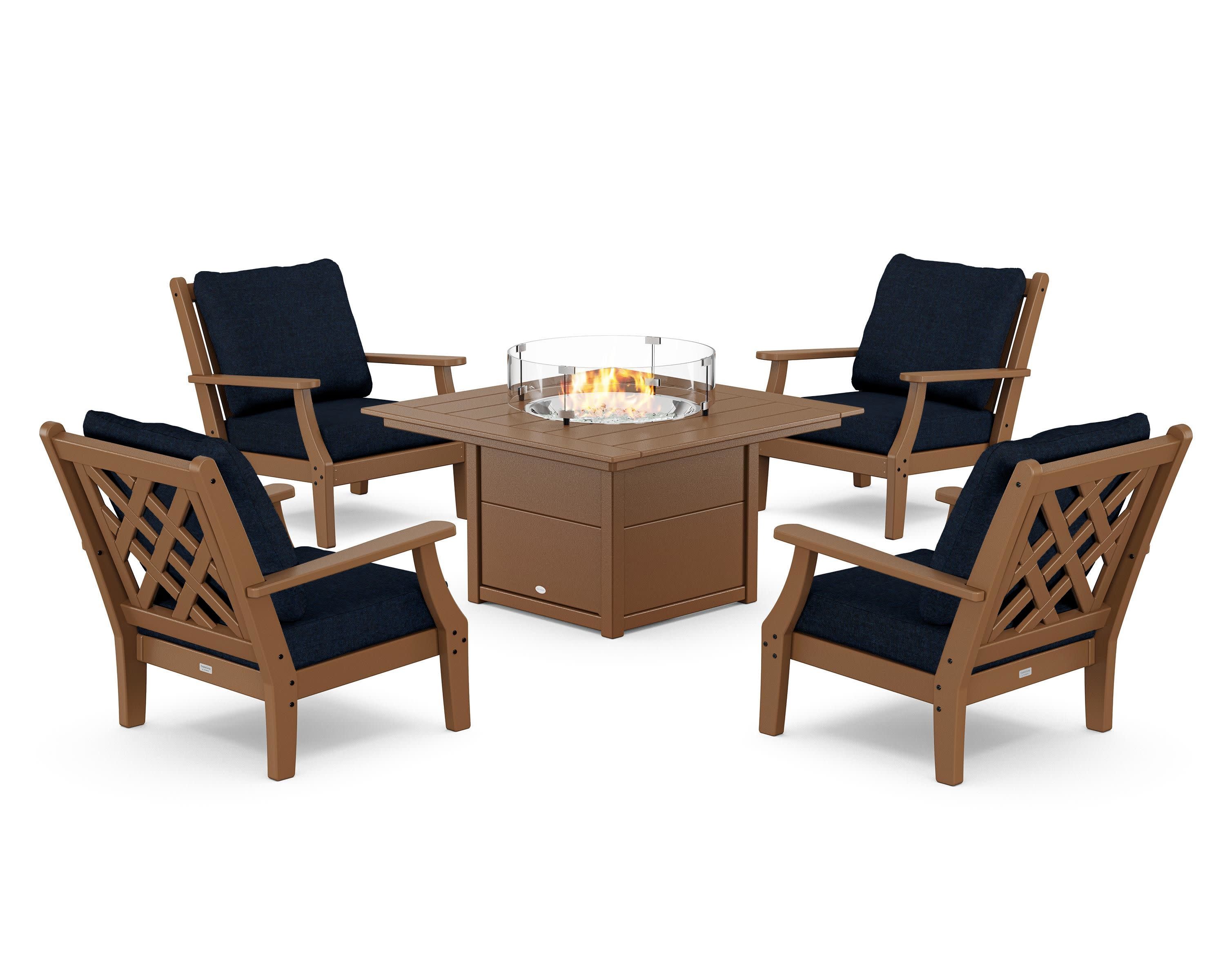 Wovendale 5-Piece Deep Seating Set with Fire Pit Table in Teak / Marine Indigo
