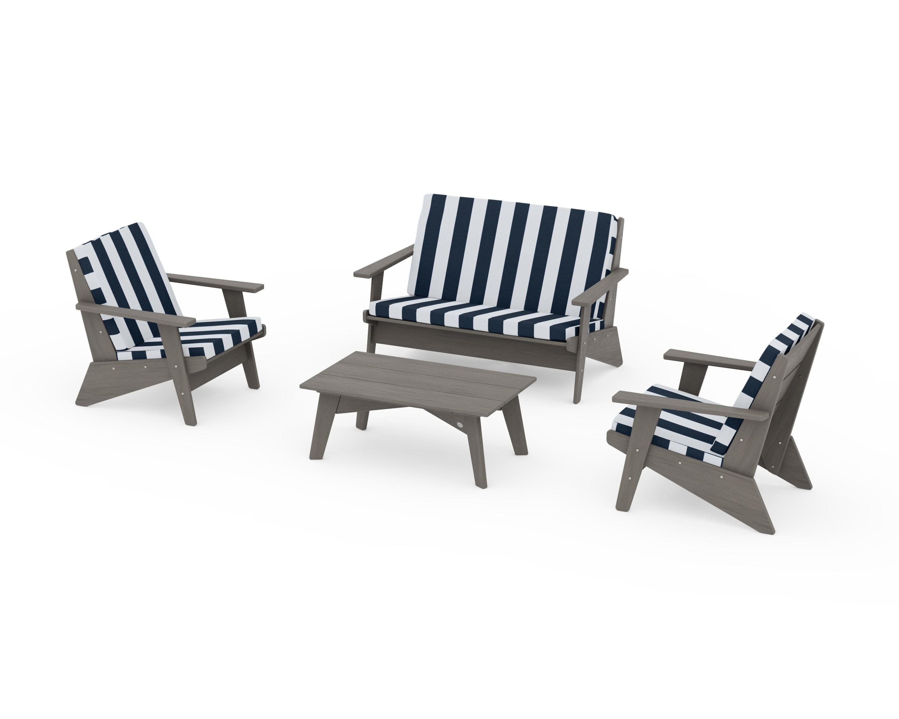 Riviera Modern Lounge 4-Piece Set in Driftwood / Cabana Stripe Marine Indigo