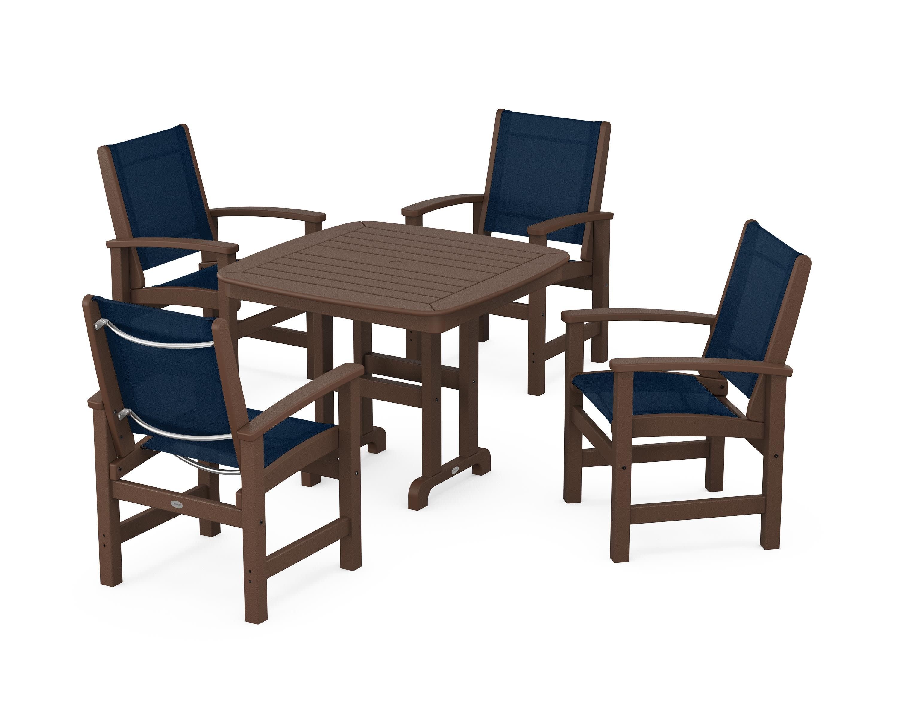 Coastal 5-Piece Dining Set in Mahogany / Navy Blue Sling