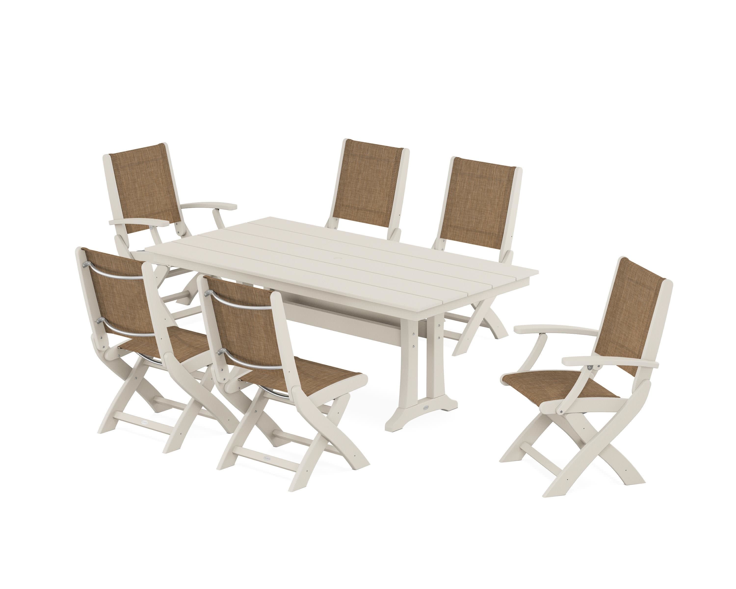 Coastal Folding Chair 7-Piece Farmhouse Dining Set with Trestle Legs in Sand / Burlap Sling