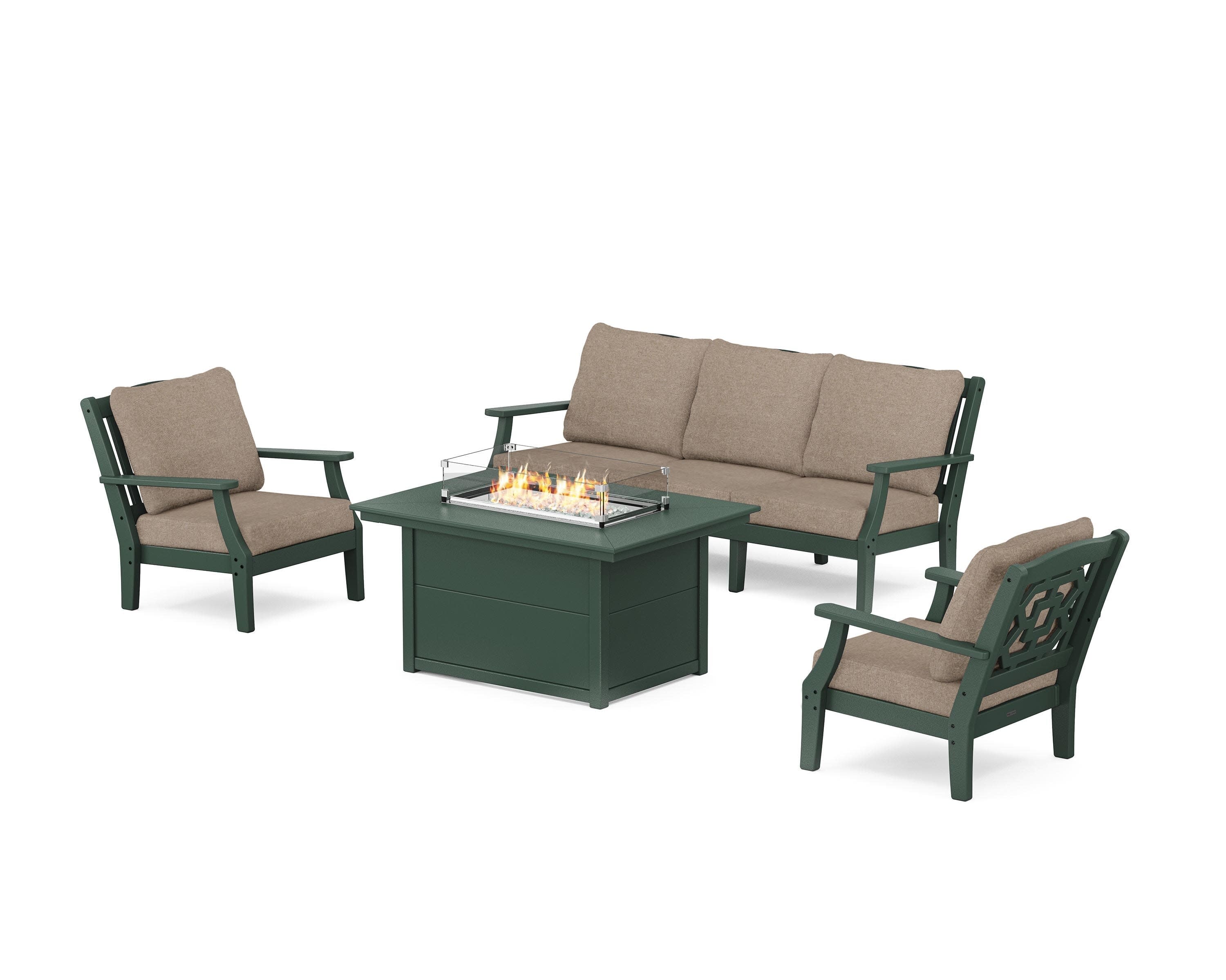Chinoiserie Deep Seating Fire Pit Table Set in Green / Spiced Burlap