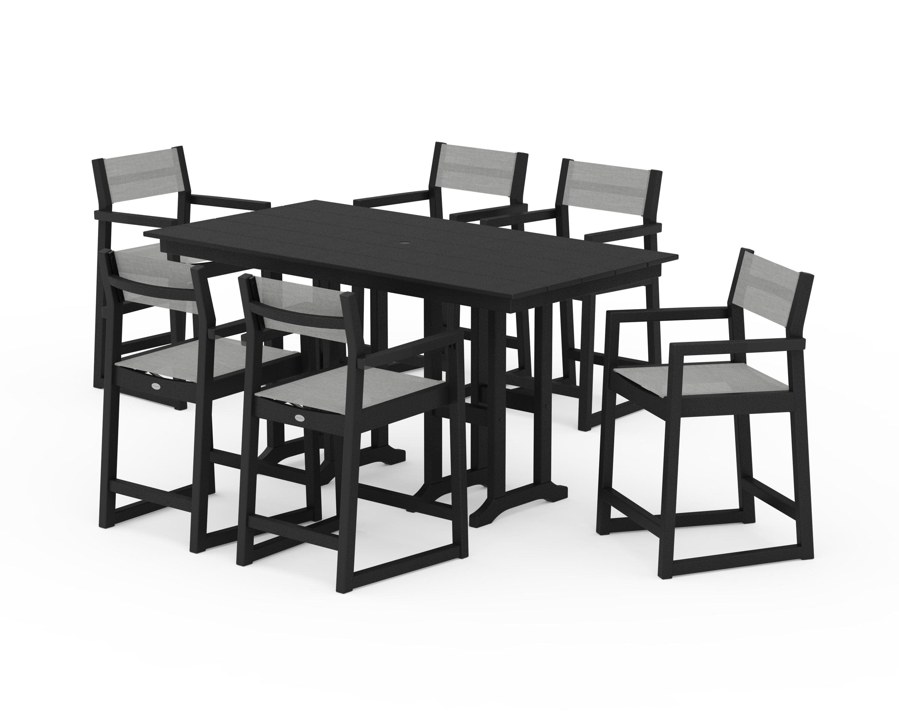 EDGE Sling Arm Chair 7-Piece Farmhouse Counter Set in Black / Metallic Sling