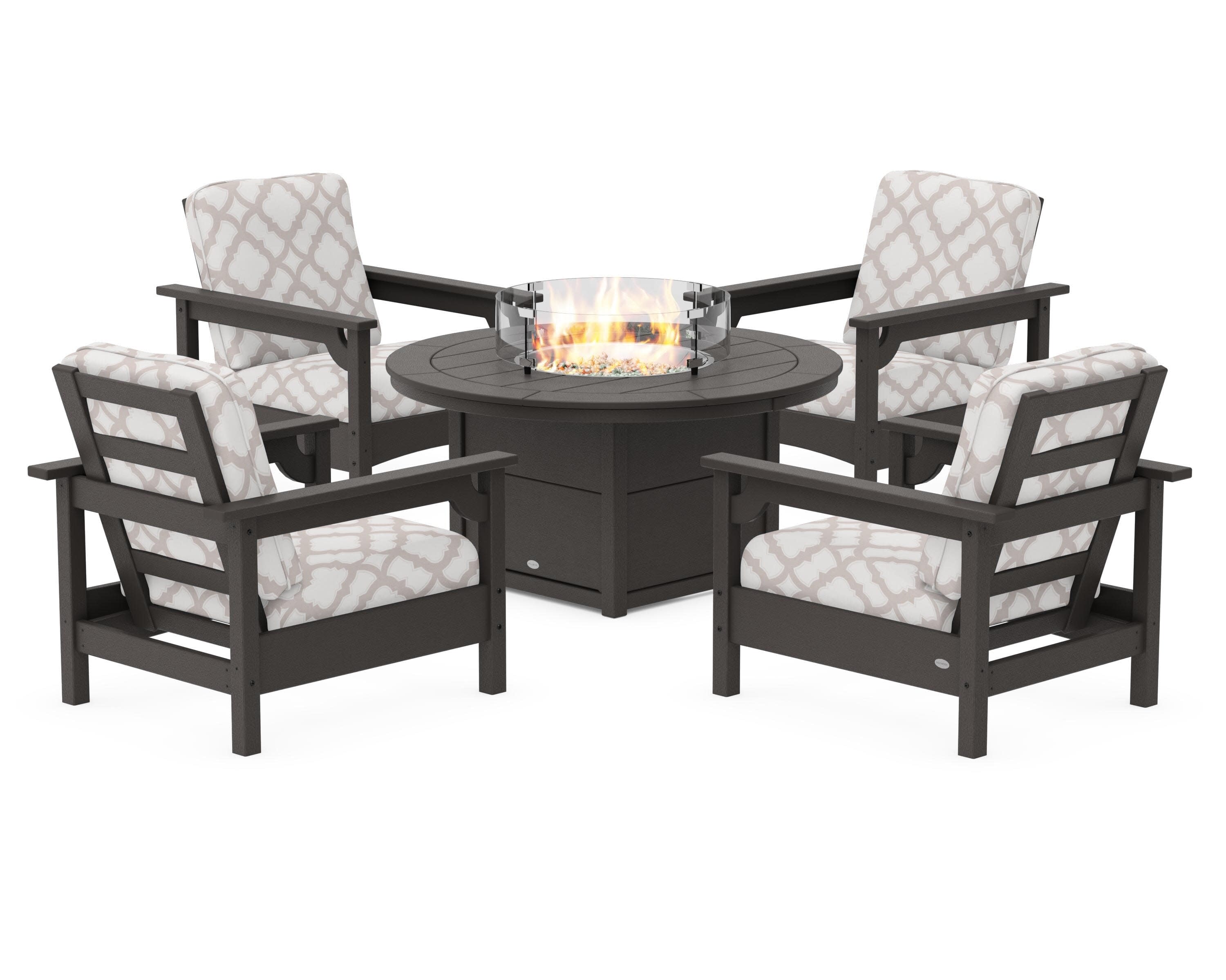Club 5-Piece Conversation Set with Fire Pit Table in Vintage Coffee / Trellis Dune Burlap