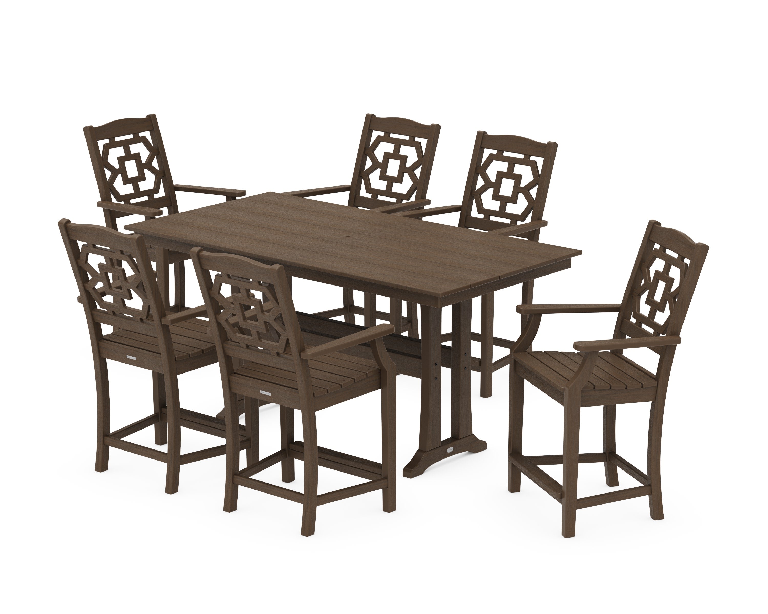Chinoiserie Arm Chair 7-Piece Farmhouse Counter Set with Trestle Legs in Kona