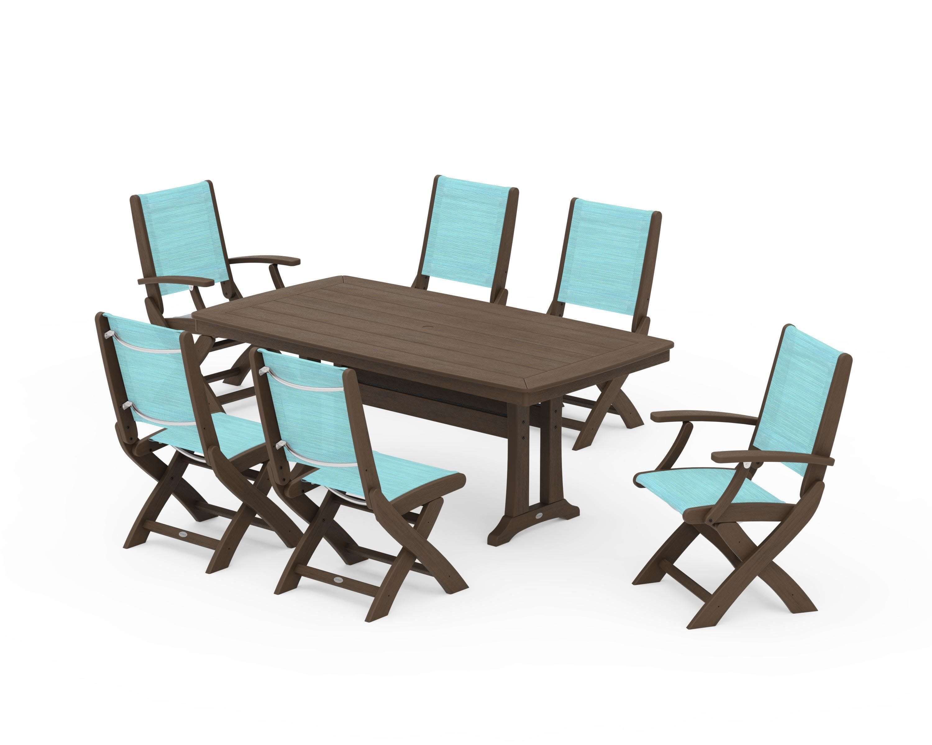 Coastal Folding Chair 7-Piece Dining Set with Trestle Legs in Kona / Dupioni Aquamarine Sling
