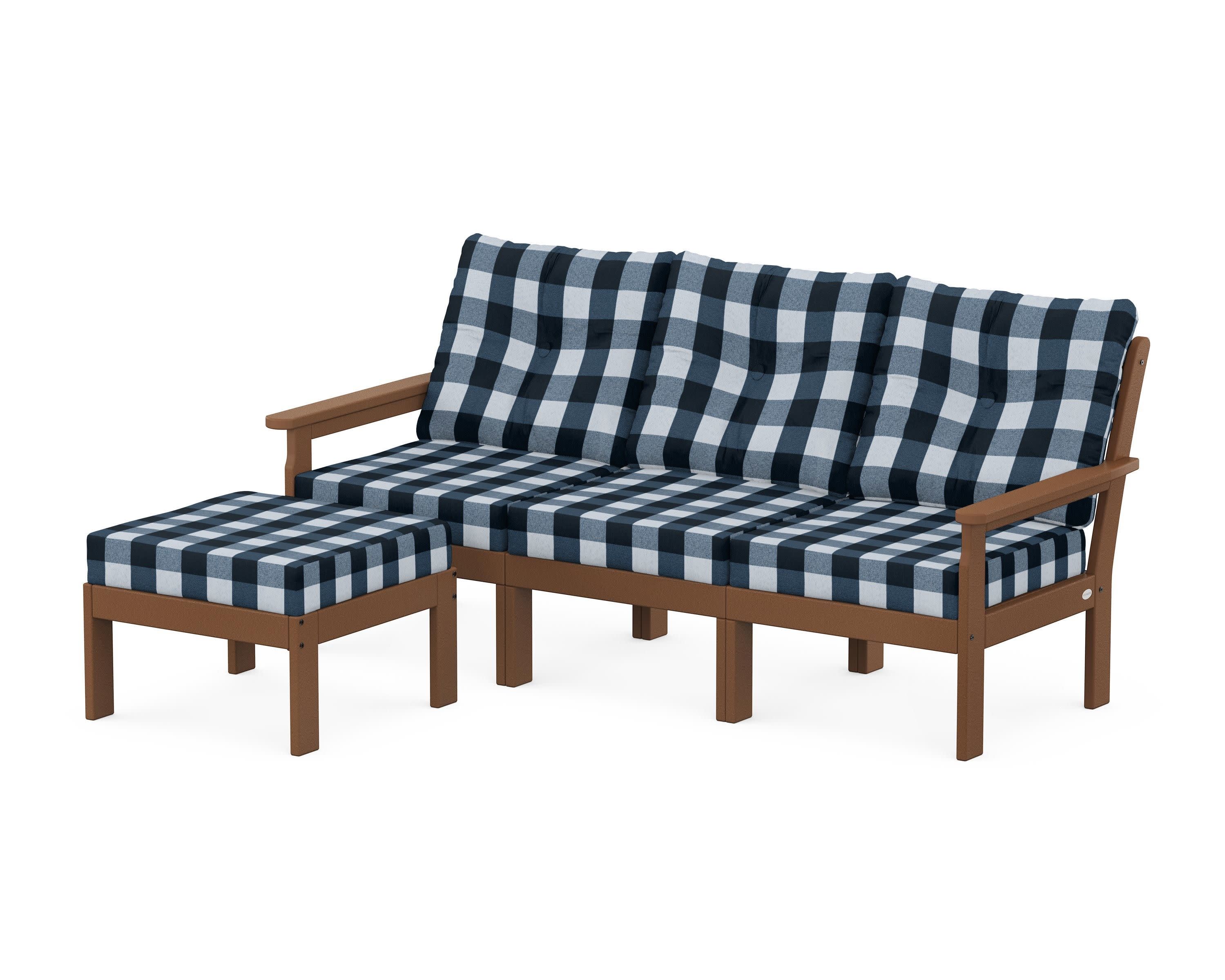 Vineyard 4-Piece Sectional with Ottoman in Teak / Buffalo Plaid Marine Indigo