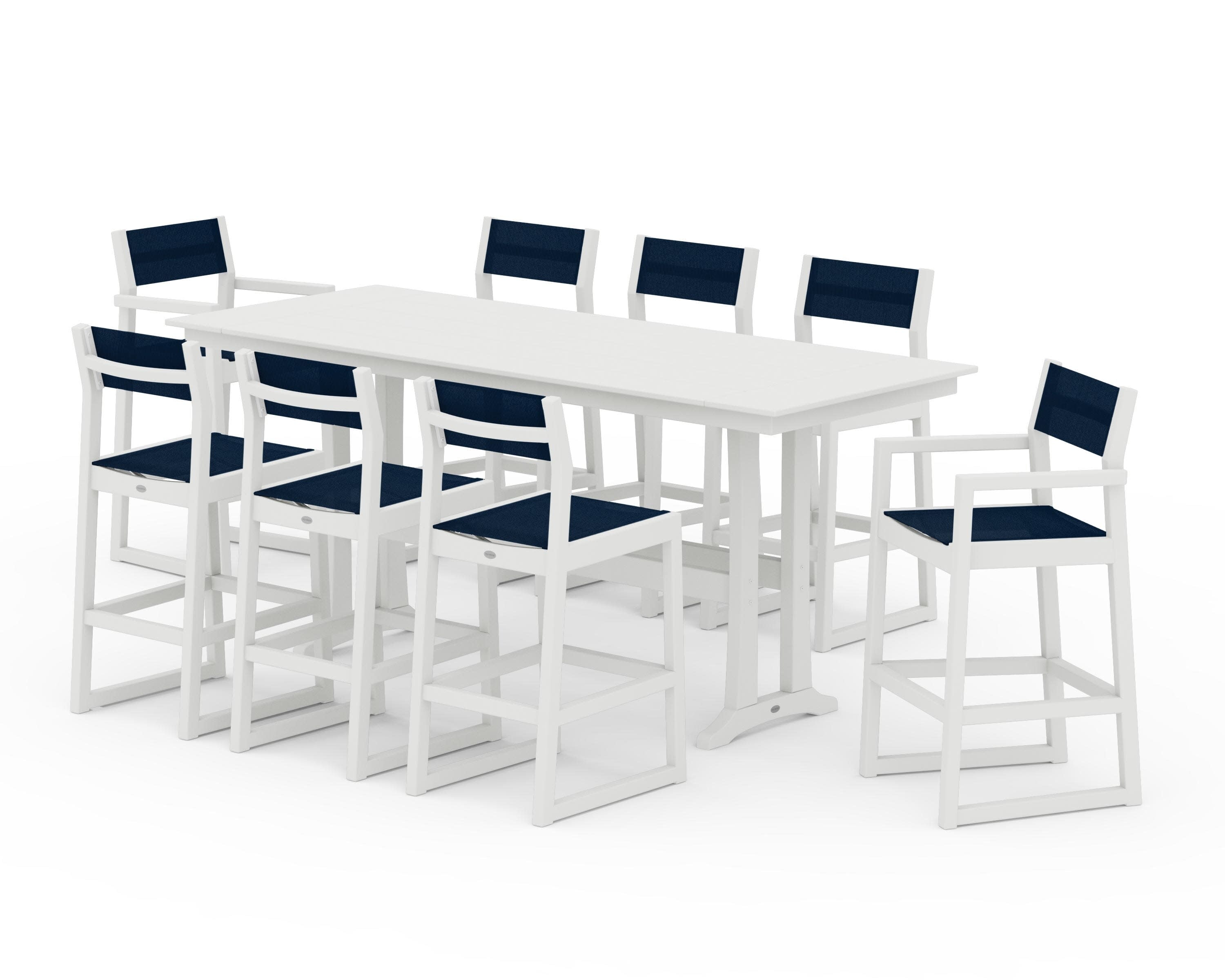 EDGE Sling 9-Piece Farmhouse Bar Set with Trestle Legs in Vintage White / Navy Blue Sling