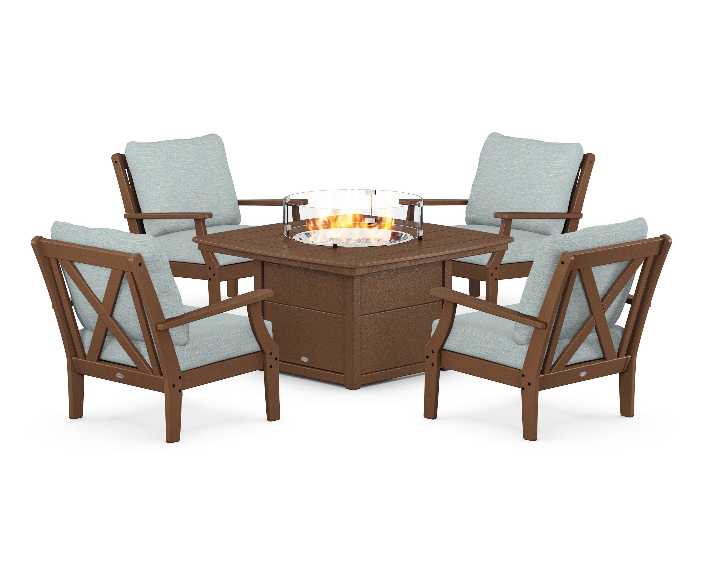 Braxton 5-Piece Deep Seating Conversation Set with Fire Pit Table in Teak / Soothe Mist