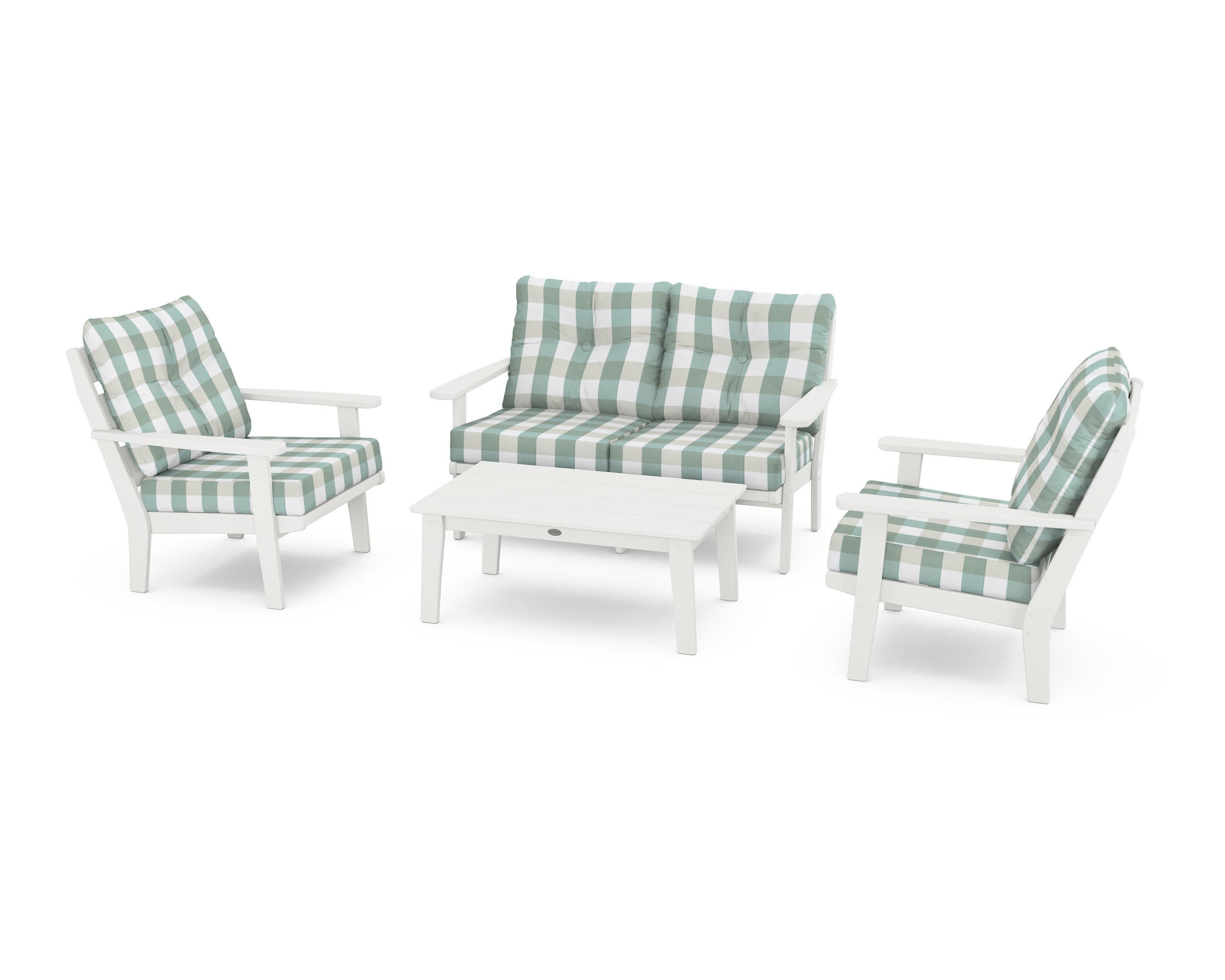 Lakeside 4-Piece Deep Seating Set in Vintage White / Buffalo Plaid Glacier Spa