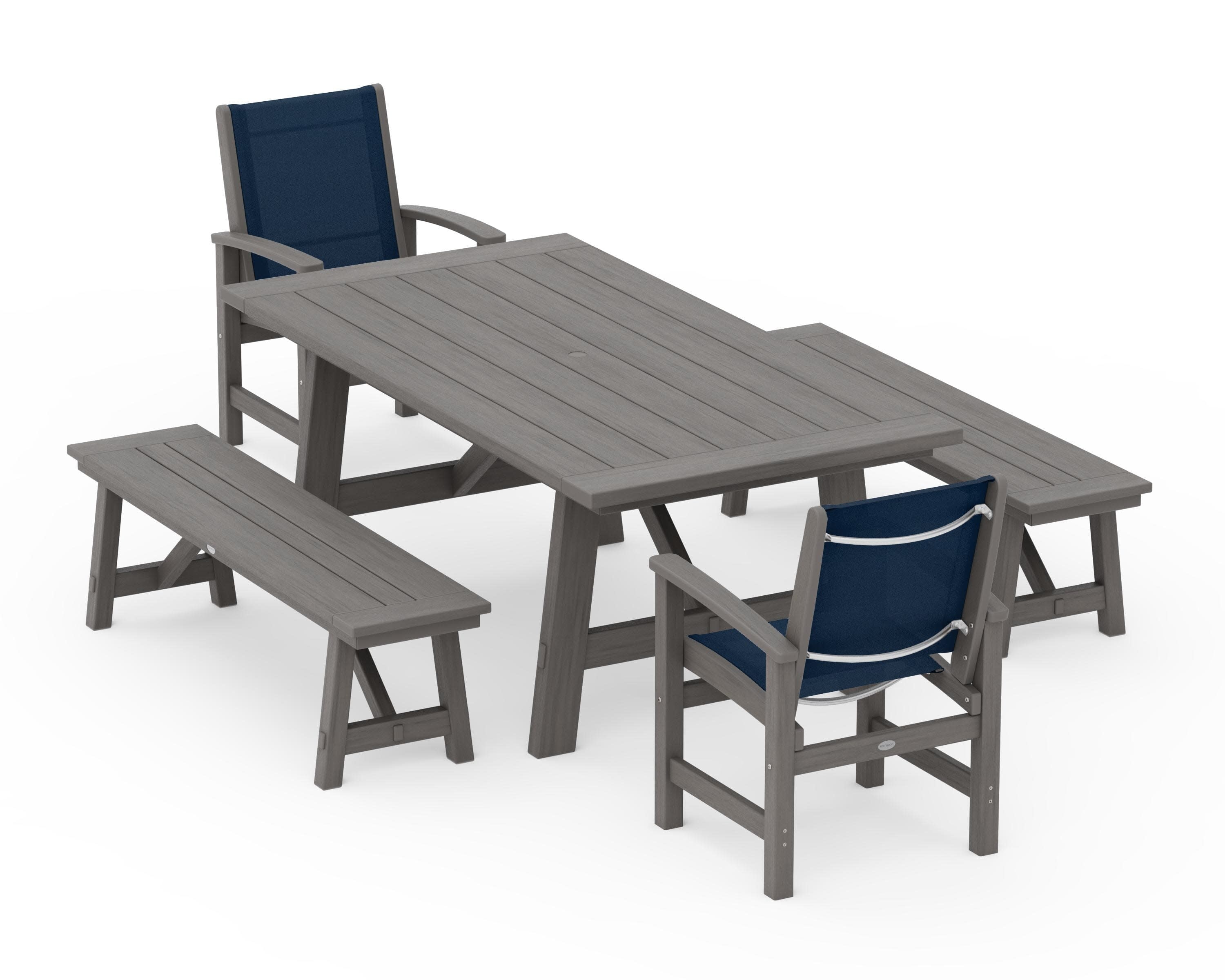Coastal 5-Piece Rustic Farmhouse Dining Set With Benches in Driftwood / Navy Blue Sling