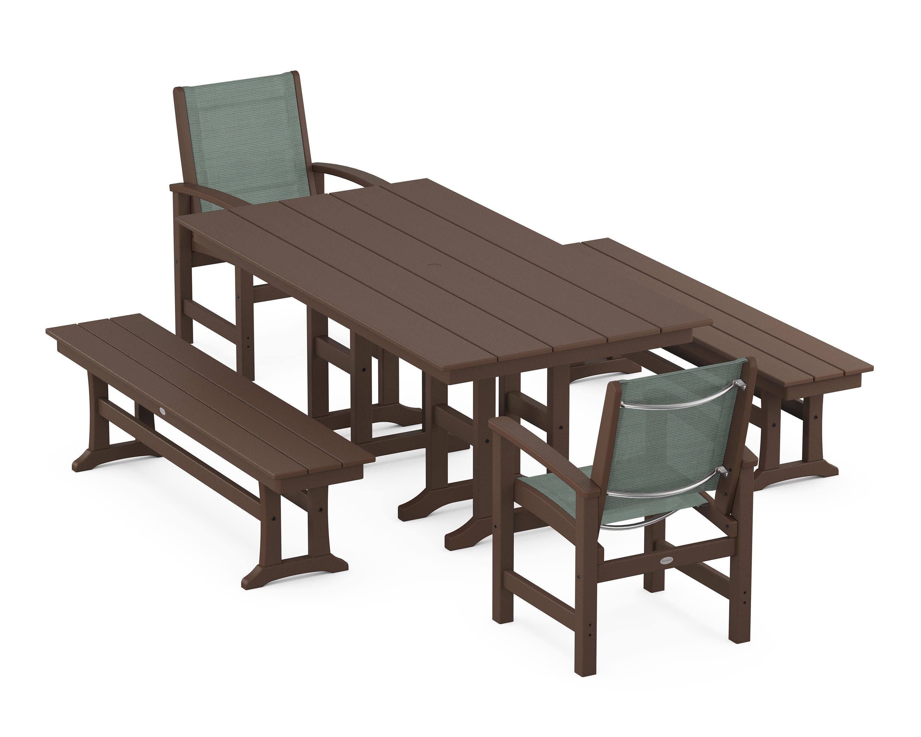 Coastal 5-Piece Farmhouse Dining Set in Mahogany / Dupioni Sea Mist Sling