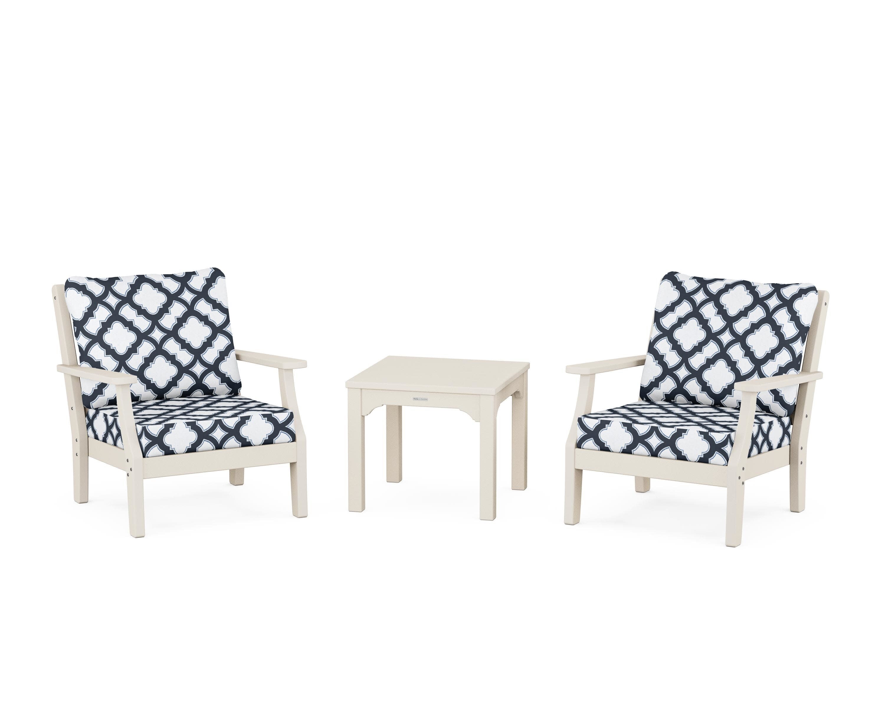 Chinoiserie 3-Piece Deep Seating Set in Sand / Trellis Marine Indigo