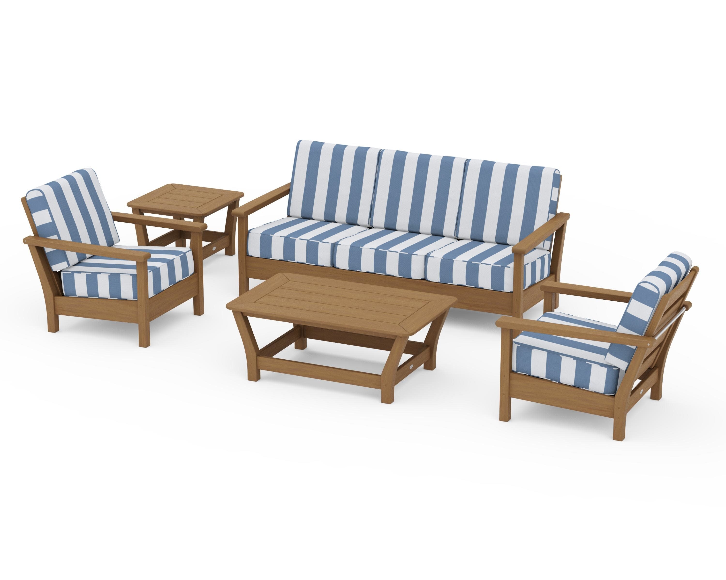 Harbour 5-Piece Deep Seating Set in Natural / Cabana Stripe Sky Blue