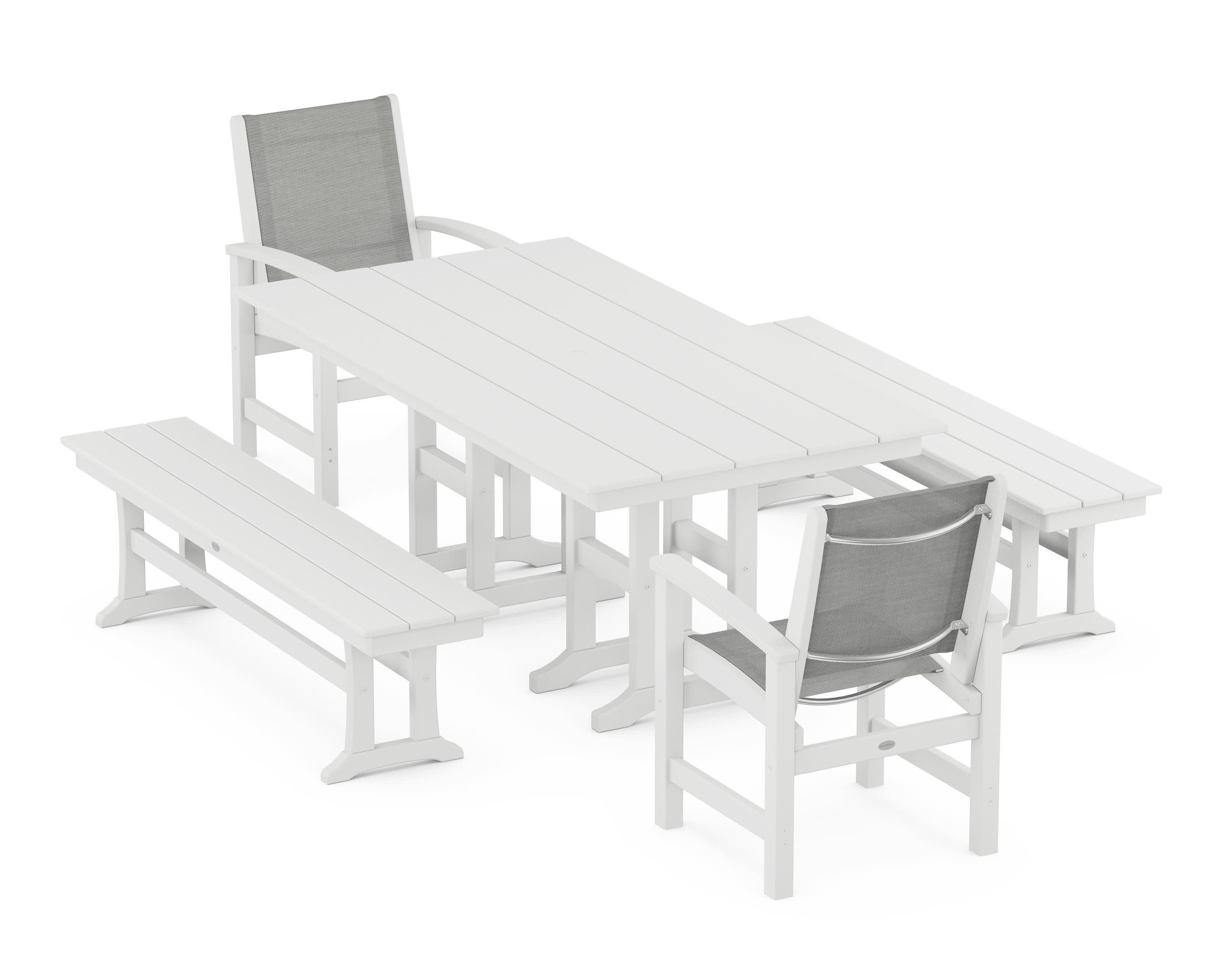 Coastal 5-Piece Farmhouse Dining Set in White / Metallic Sling