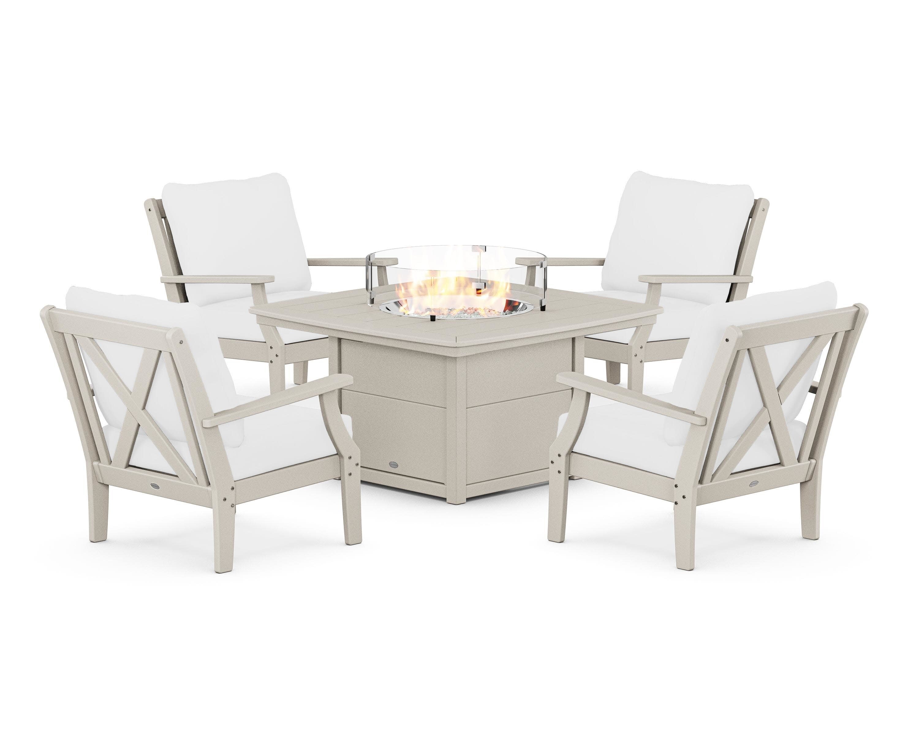 Braxton 5-Piece Deep Seating Conversation Set with Fire Pit Table in Sand / Natural