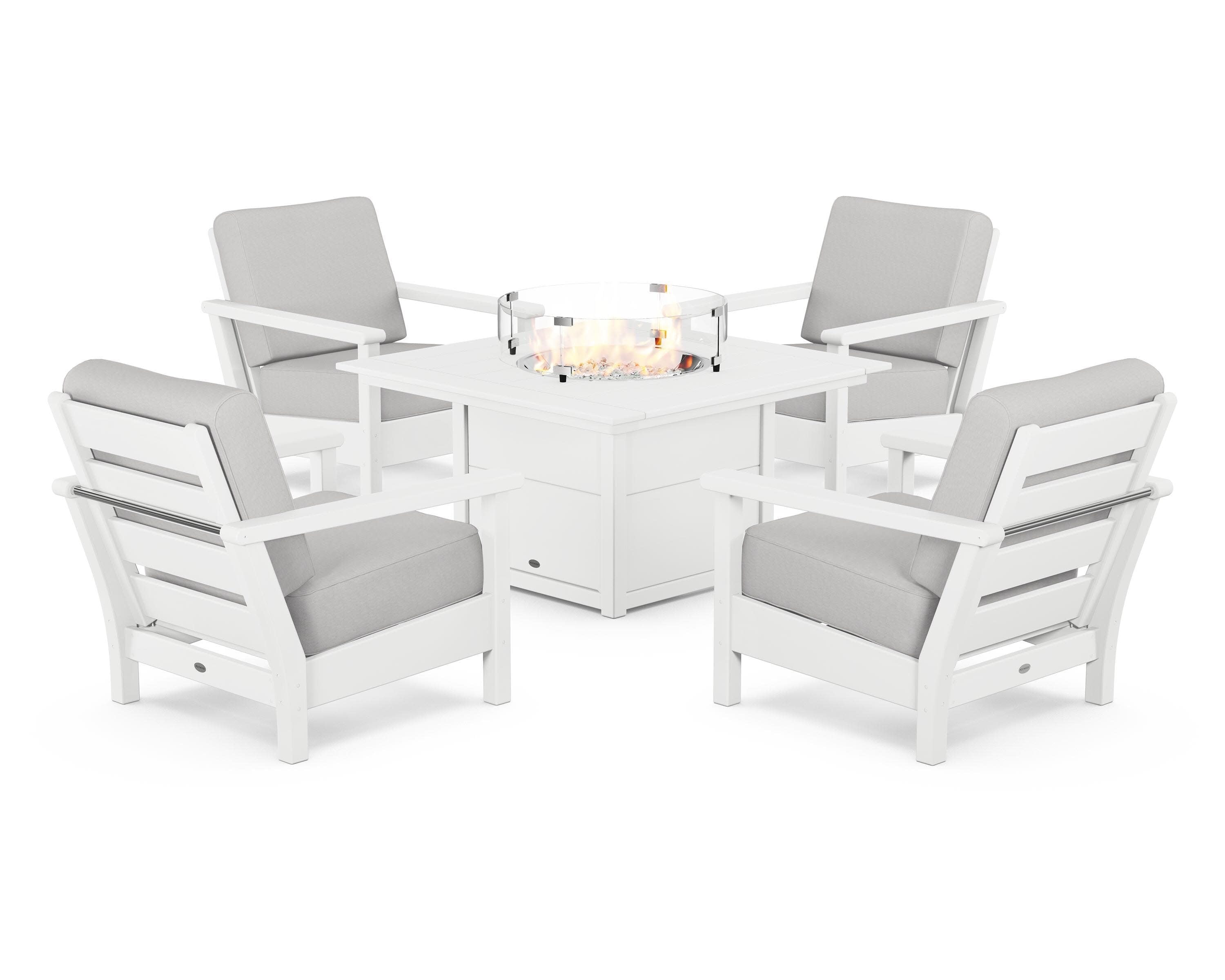 Harbour 5-Piece Conversation Set with Fire Pit Table in White / Diamond in the Rough