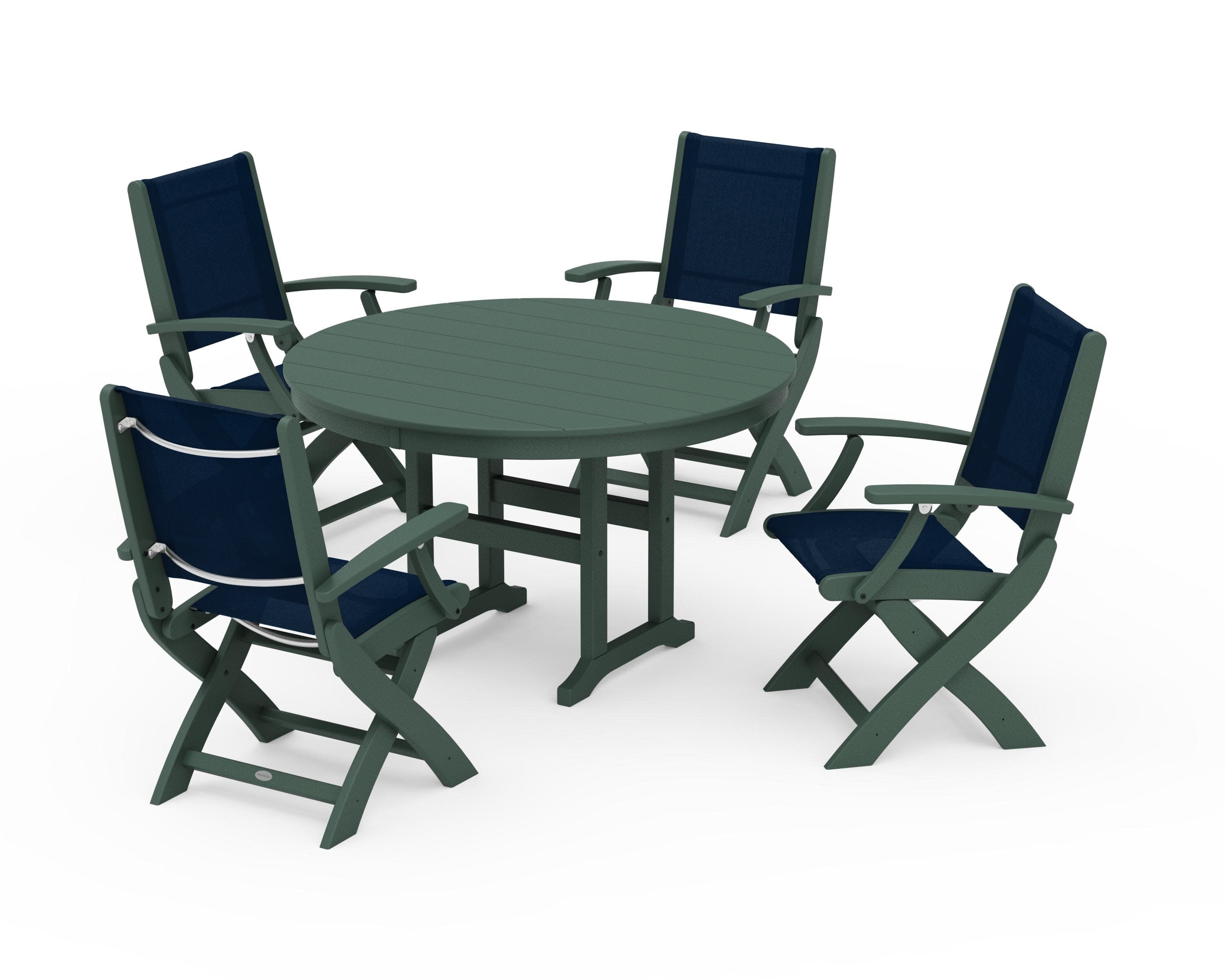 Coastal Folding Chair 5-Piece Round Dining Set in Green / Navy Blue Sling
