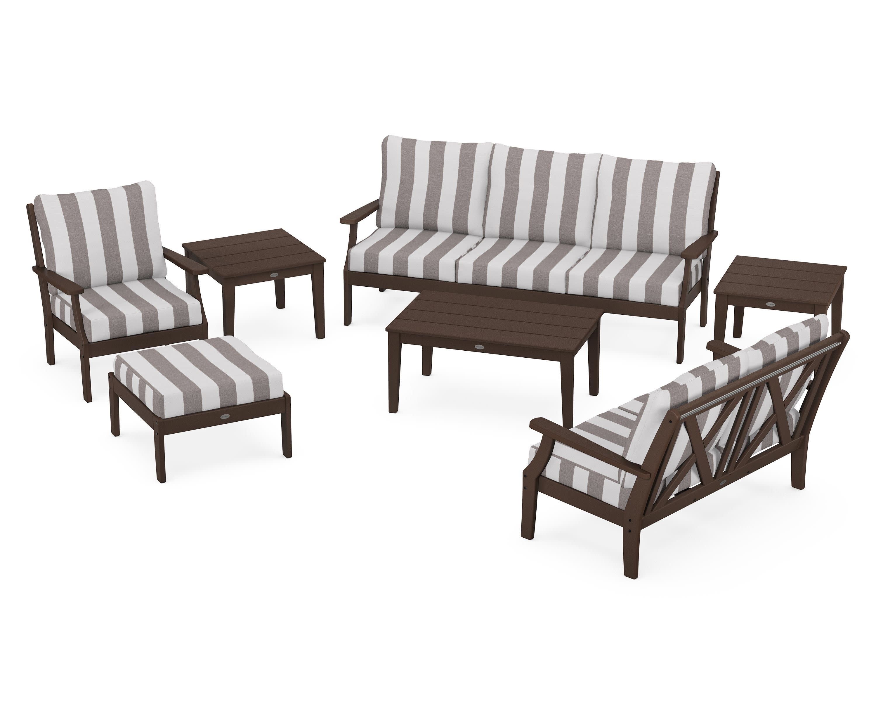 Braxton 7-Piece Deep Seating Set in Mahogany / Cabana Stripe Grey Mist