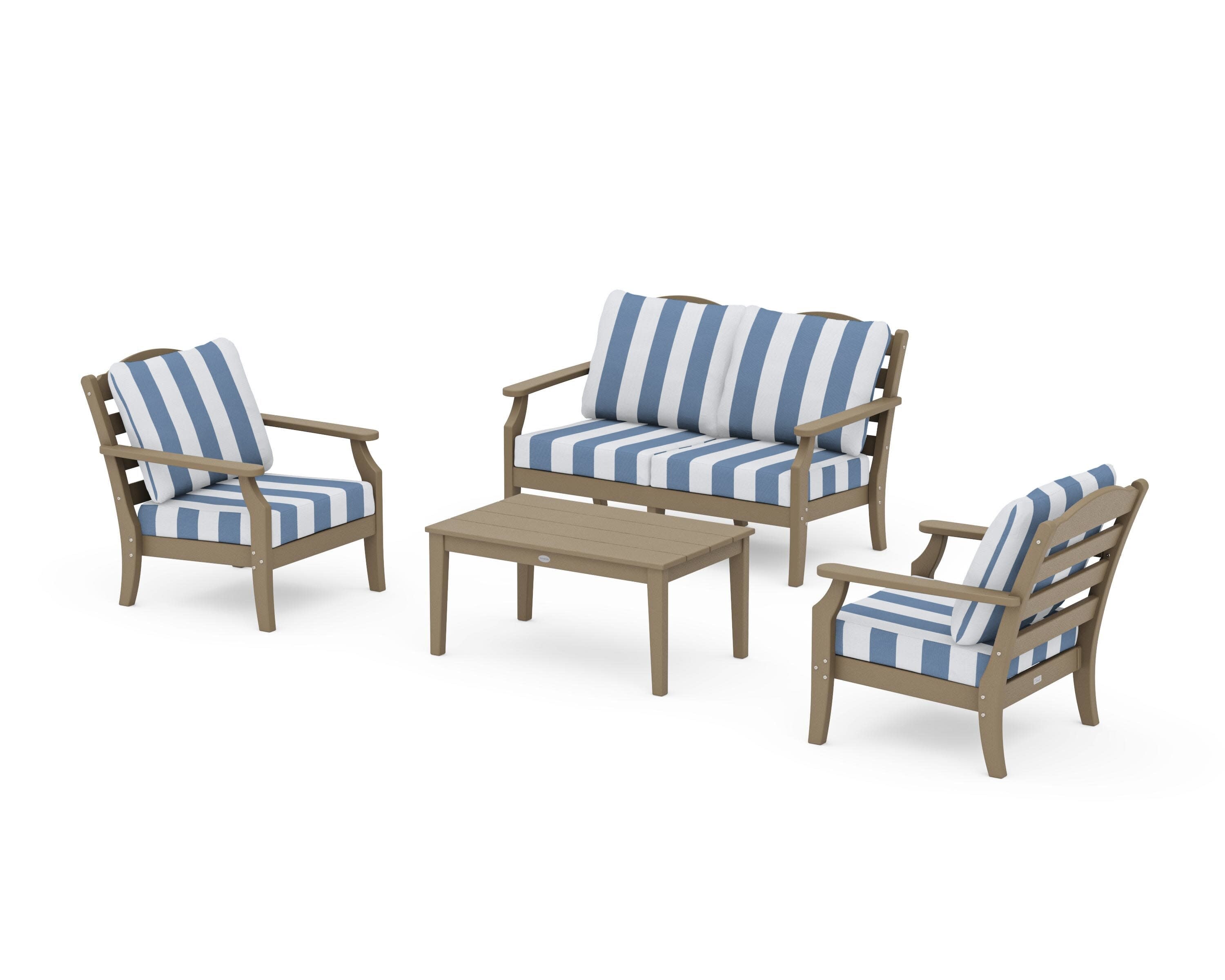 Savannah 4-Piece Deep Seating Set with Loveseat in Vintage Sahara / Cabana Stripe Sky Blue