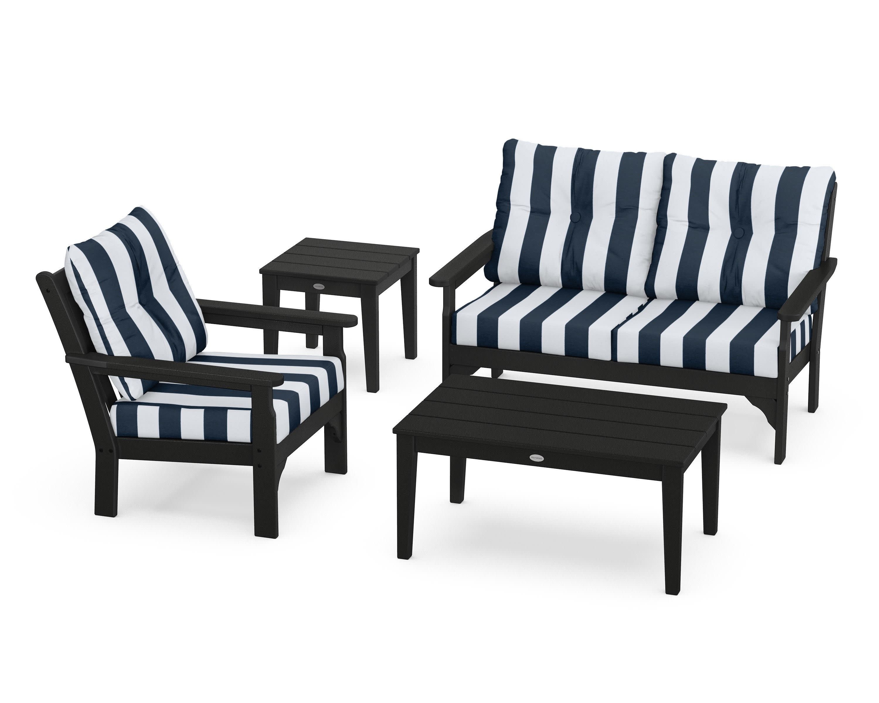 Vineyard 4-Piece Deep Seating Set in Black / Cabana Stripe Marine Indigo