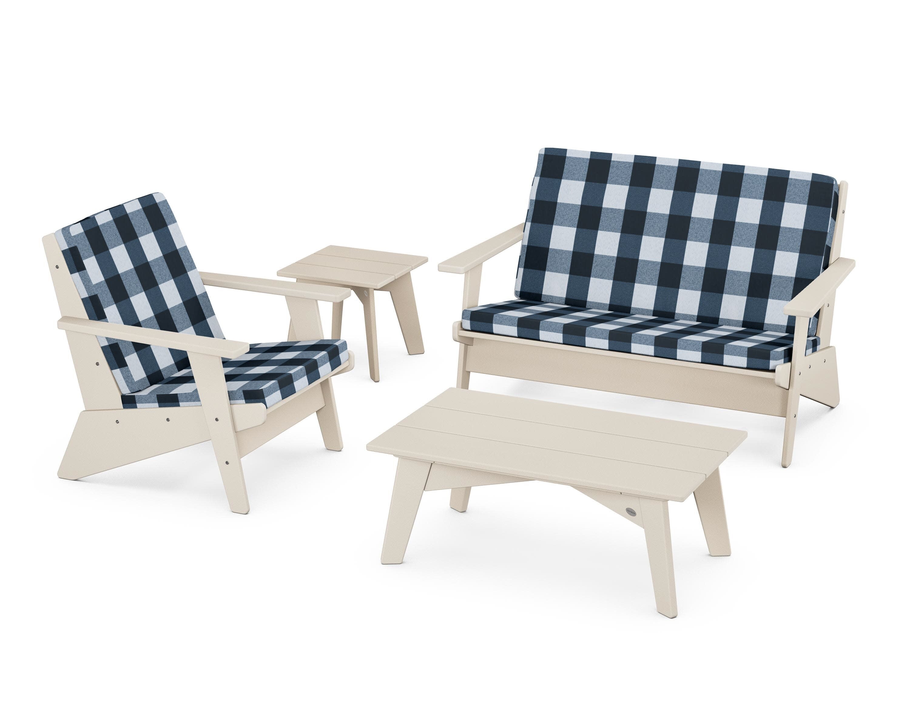 Riviera Modern Lounge 4-Piece Set in Sand / Buffalo Plaid Marine Indigo