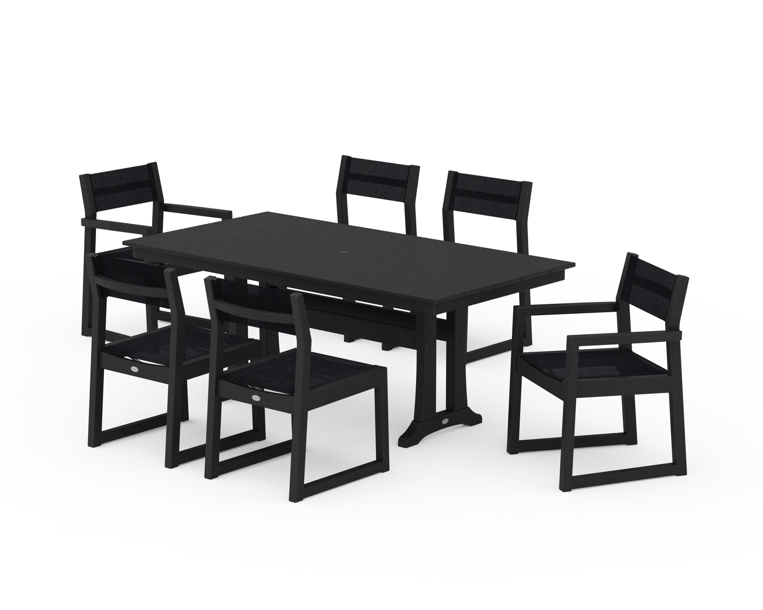 EDGE Sling 7-Piece Farmhouse Trestle Dining Set in Black / Black Sling
