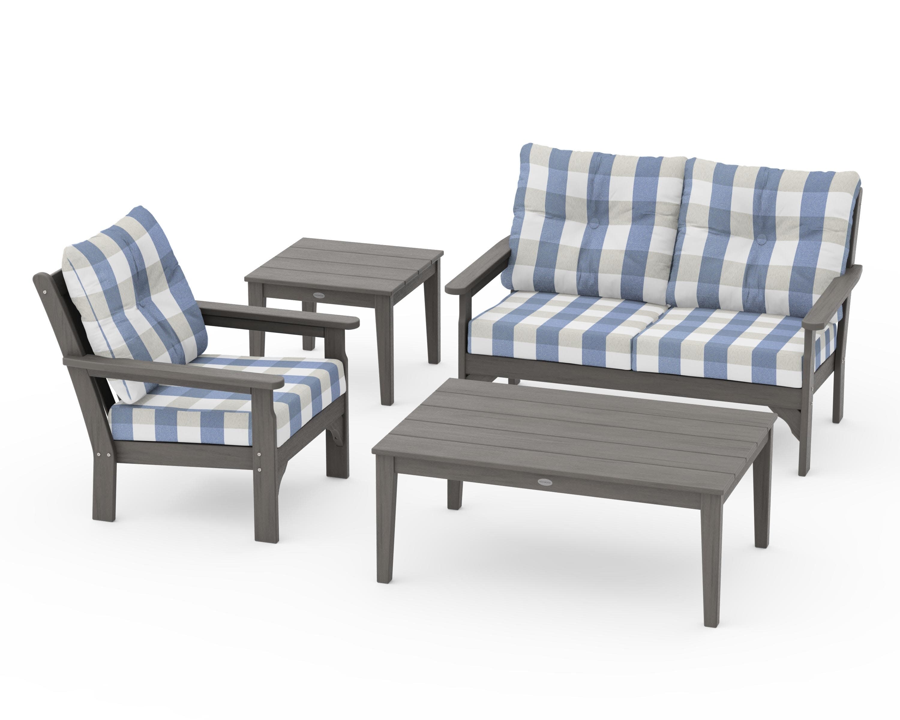 Vineyard 4-Piece Deep Seating Set in Driftwood / Buffalo Plaid Sky Blue