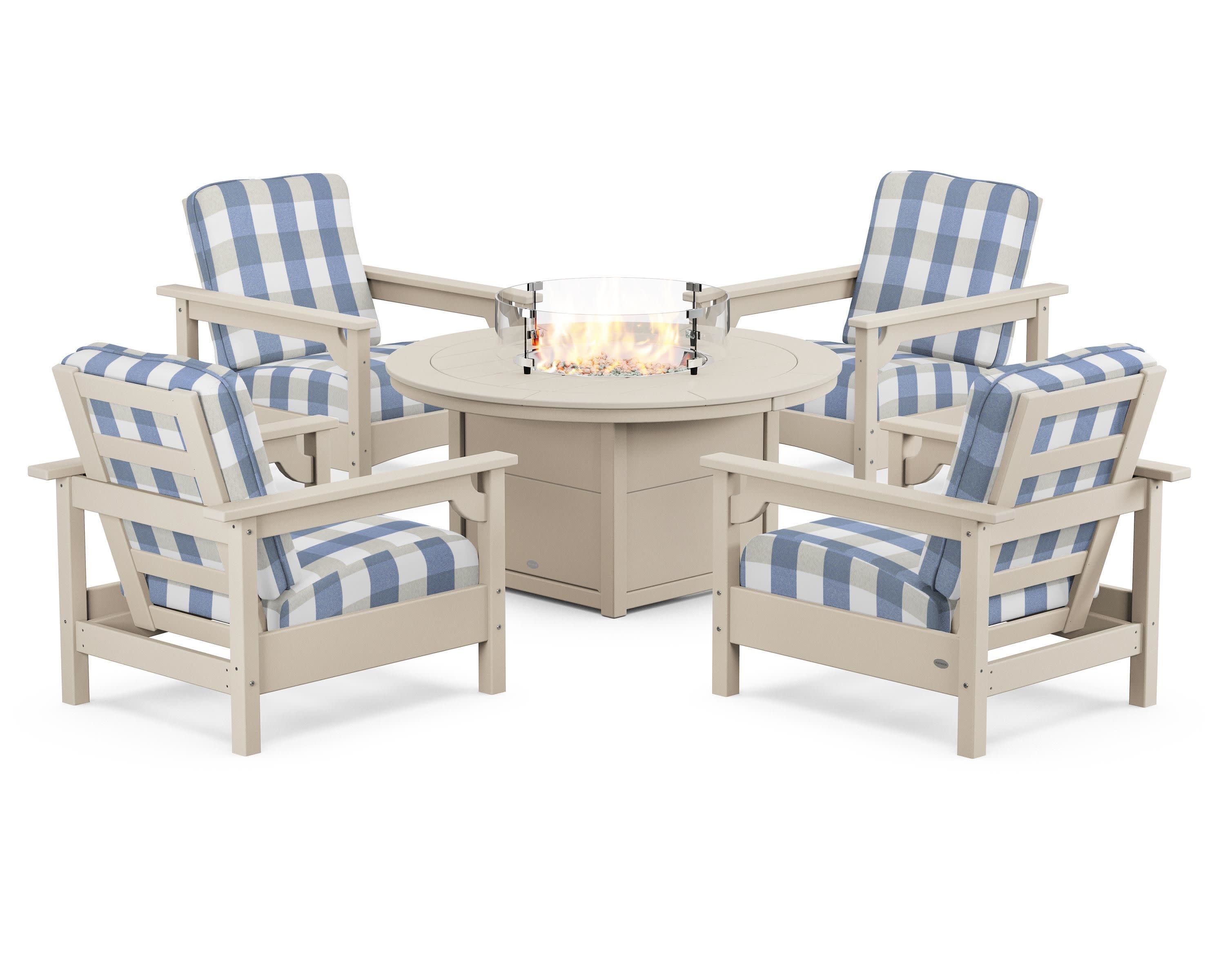 Club 5-Piece Conversation Set with Fire Pit Table in Sand / Buffalo Plaid Sky Blue