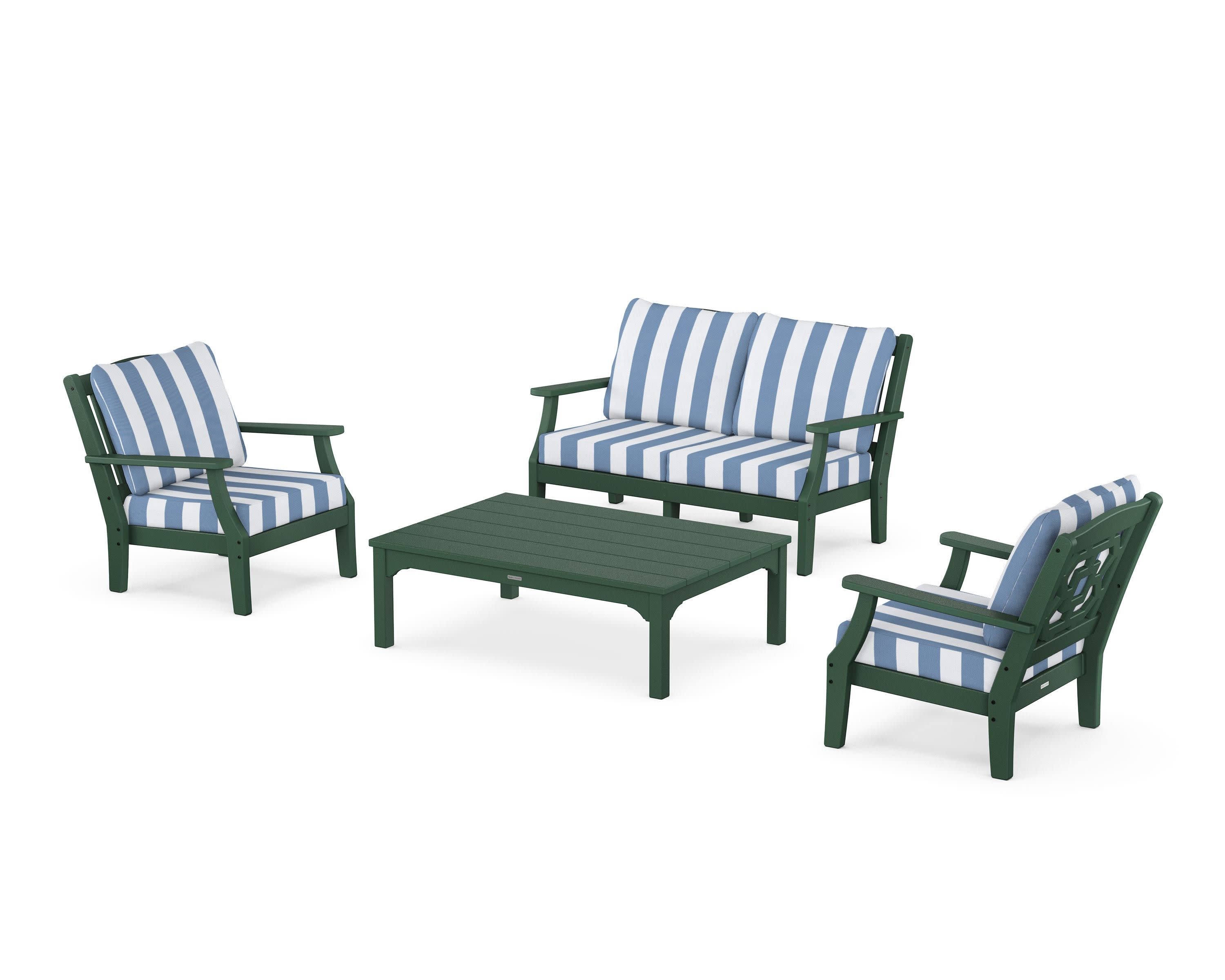 Chinoiserie 4-Piece Deep Seating Set with Loveseat in Green / Cabana Stripe Sky Blue