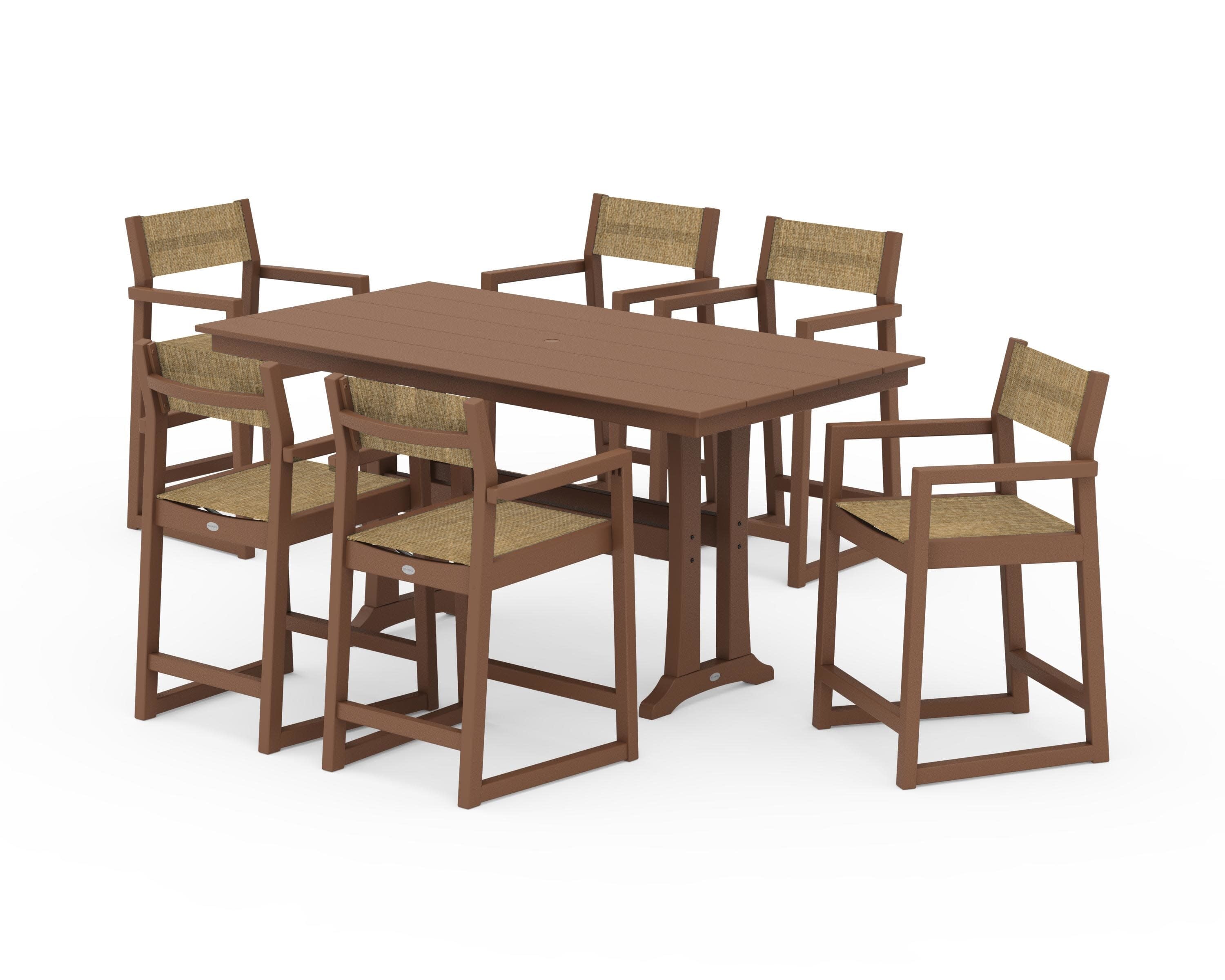 EDGE Sling Arm Chair 7-Piece Farmhouse Counter Set with Trestle Legs in Teak / Burlap Sling