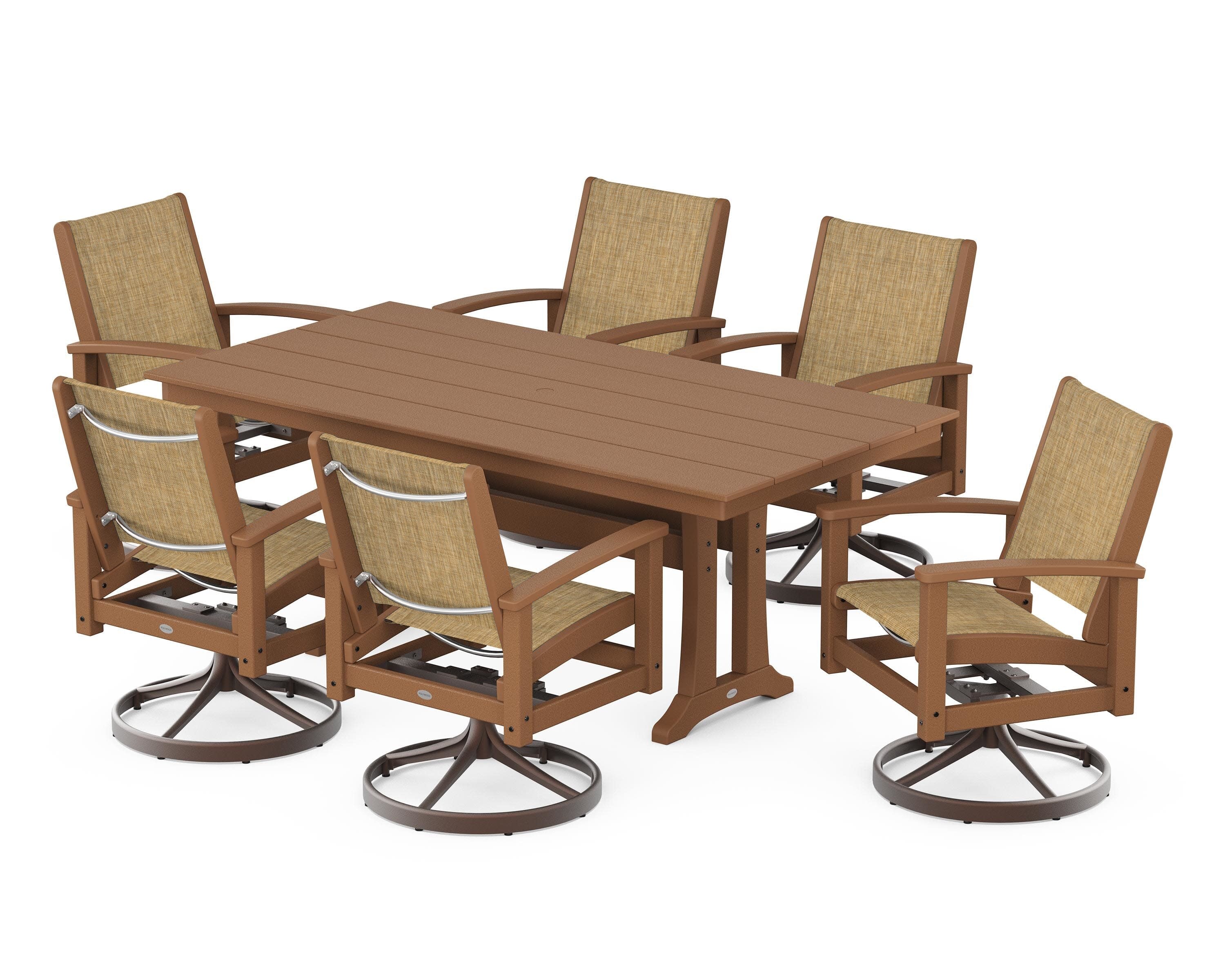 7 Piece Coastal Swivel Rocker Dining Set in Textured Bronze / Teak / Burlap Sling