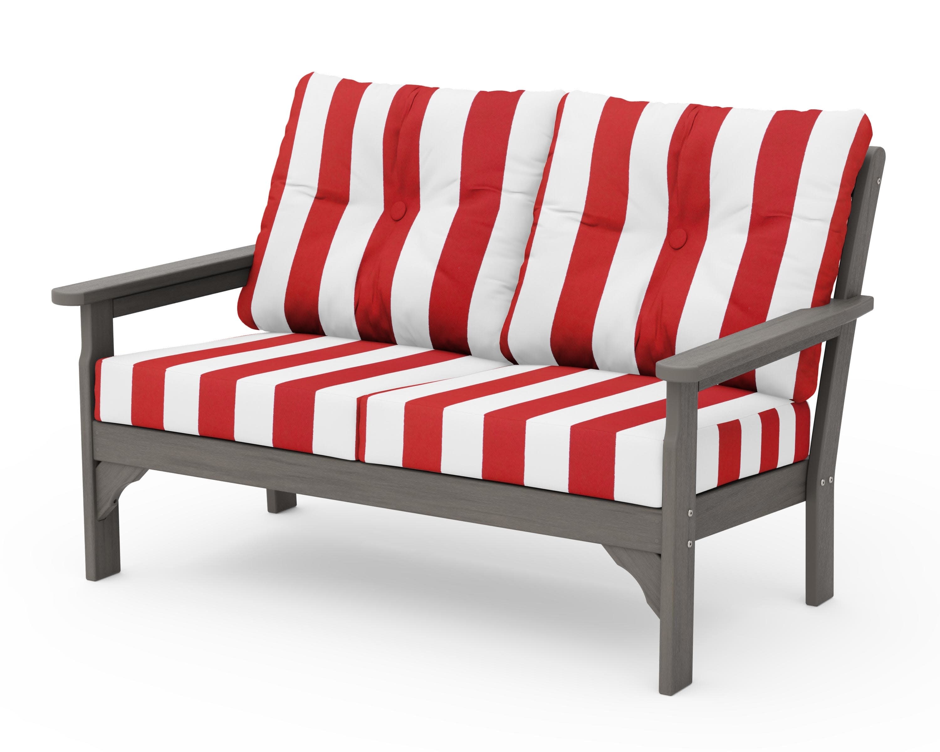 Vineyard Deep Seating Loveseat in Driftwood / Cabana Stripe Crimson