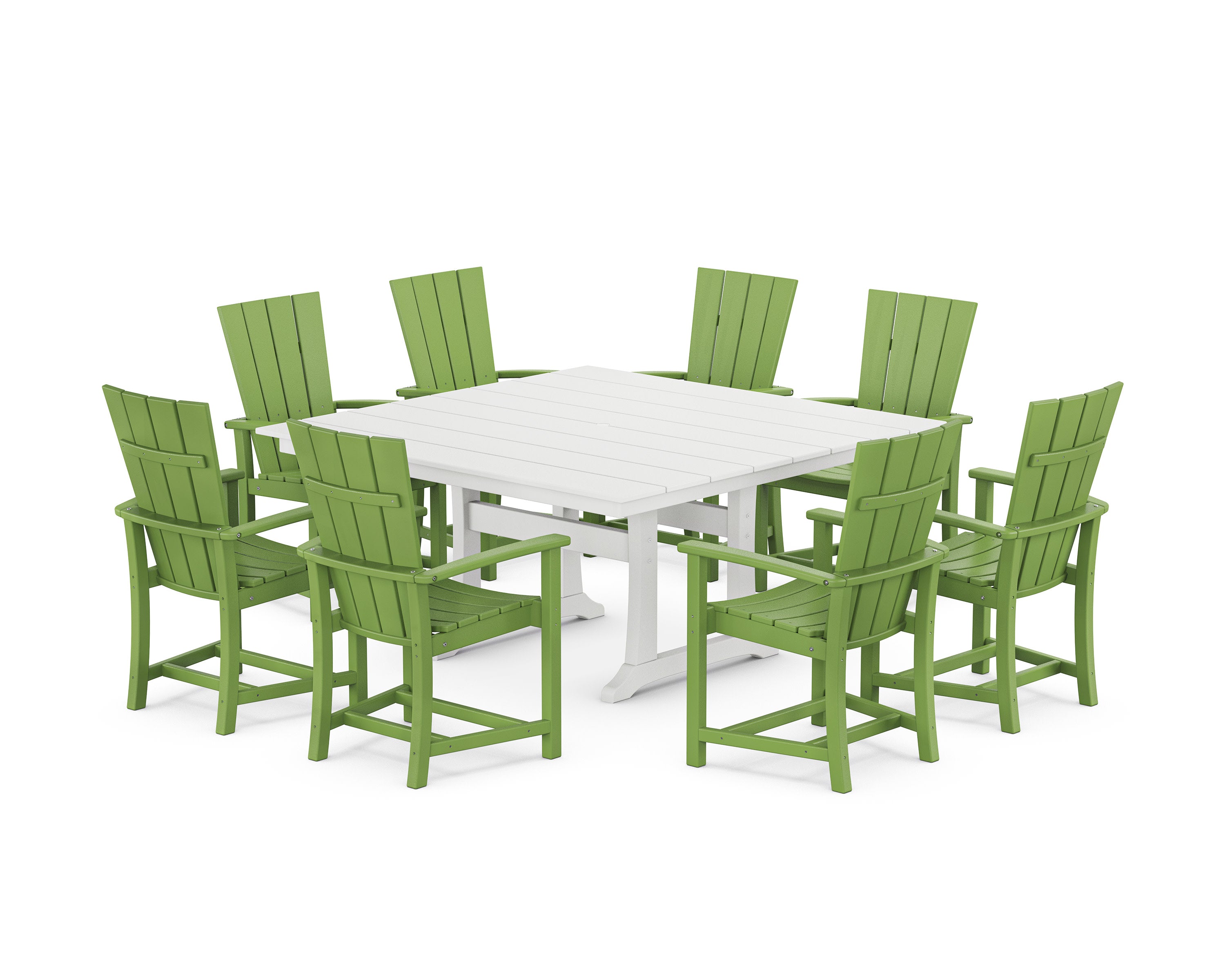 Quattro 9-Piece Square Farmhouse Dining Set with Trestle Legs in Lime / White