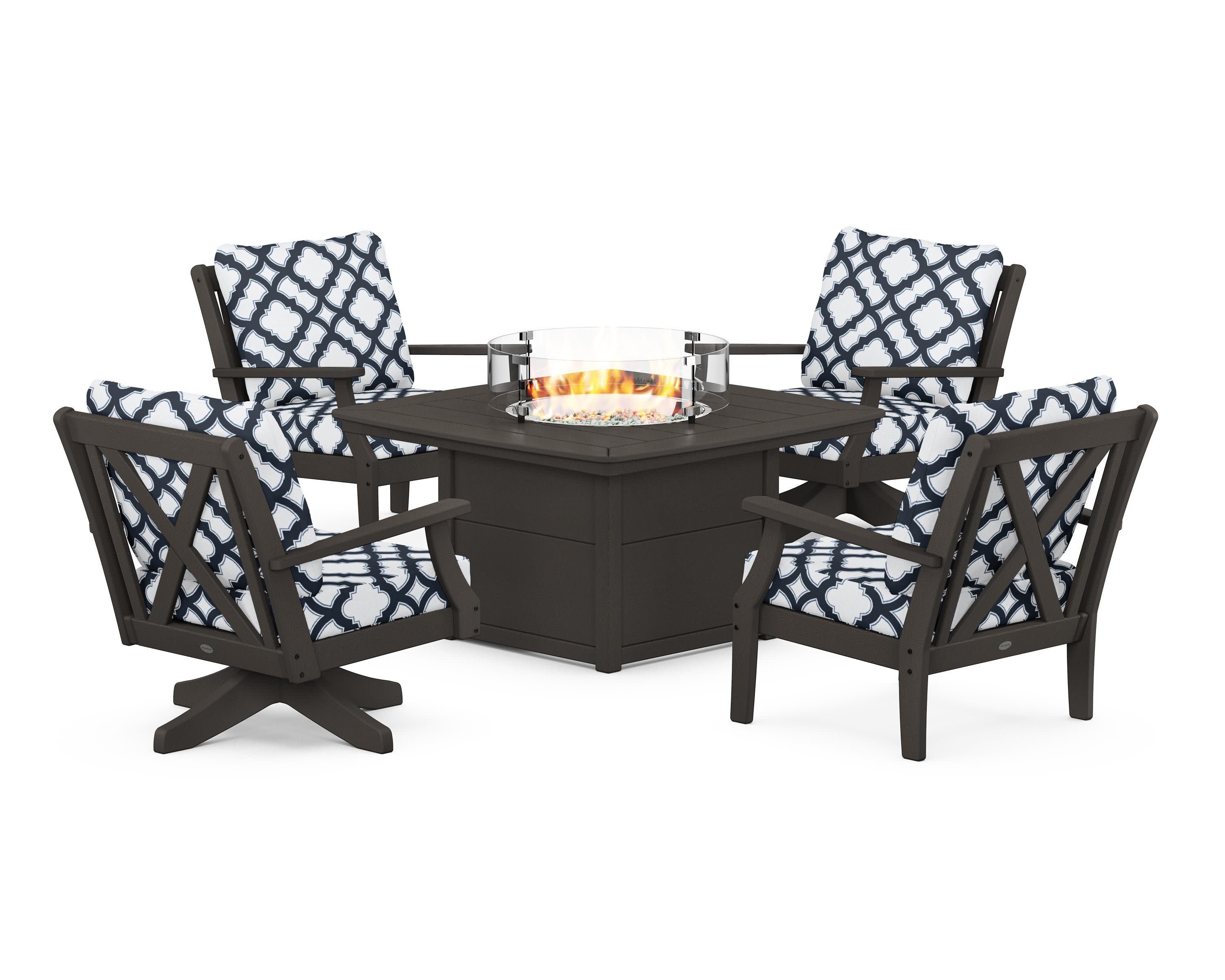Braxton 5-Piece Deep Seating Set with Fire Table in Vintage Coffee / Trellis Marine Indigo