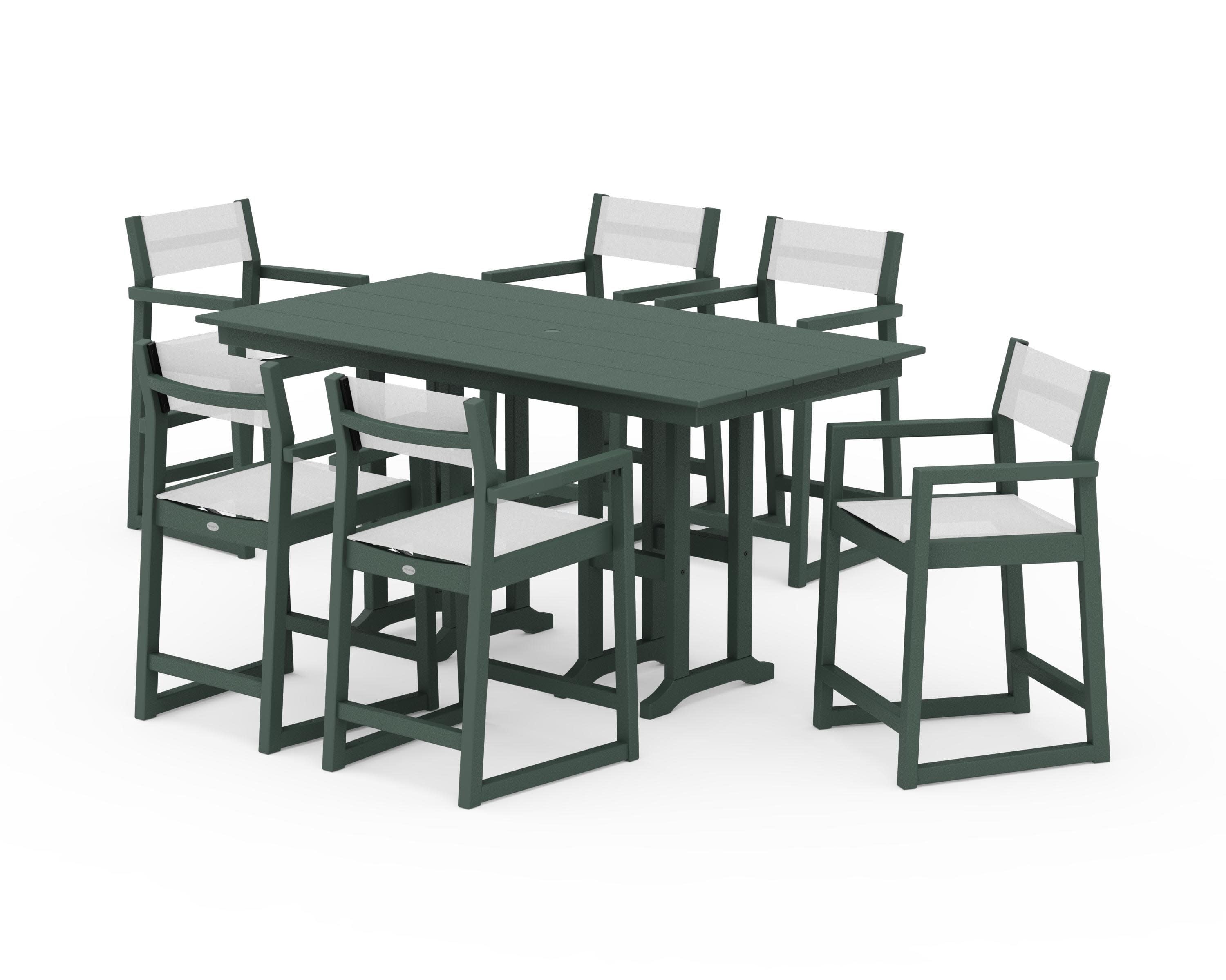 EDGE Sling Arm Chair 7-Piece Farmhouse Counter Set in Green / White Sling