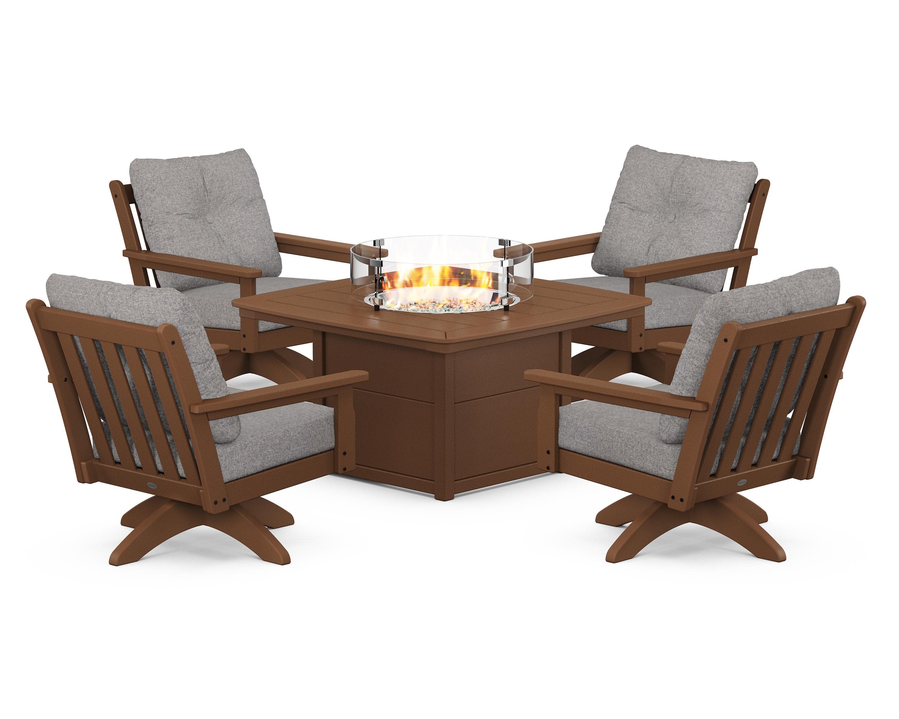 Vineyard 5-Piece Deep Seating Swivel Conversation Set with Fire Pit Table in Teak / Grey Mist