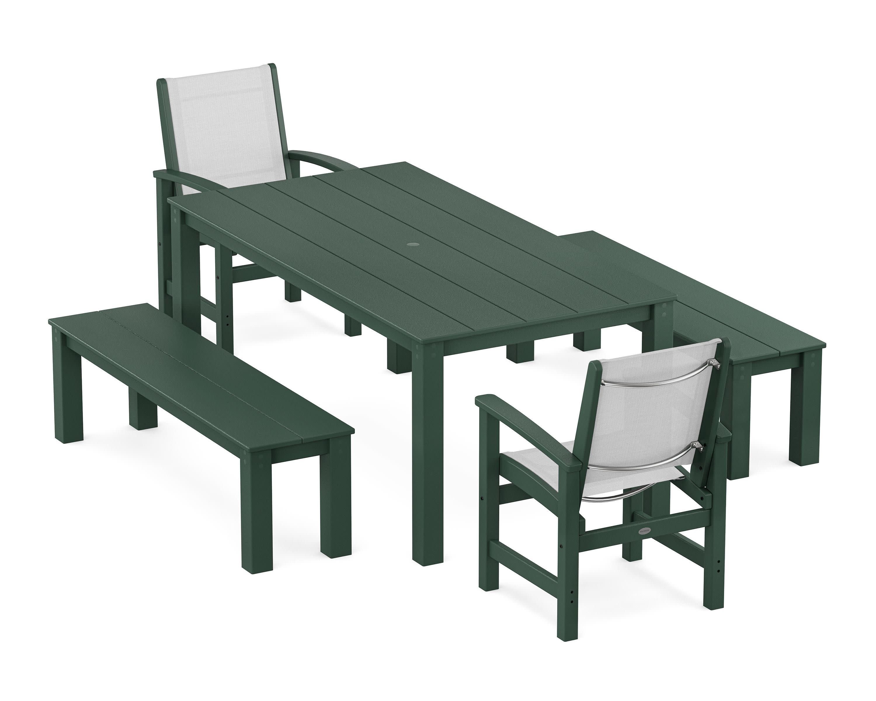 Coastal 5-Piece Parsons Dining Set with Benches in Green / White Sling